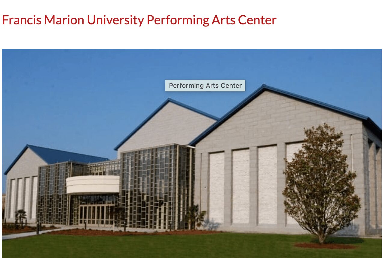 Performing Arts Center building with glass and brick facade, blue sky, and a tree in front.