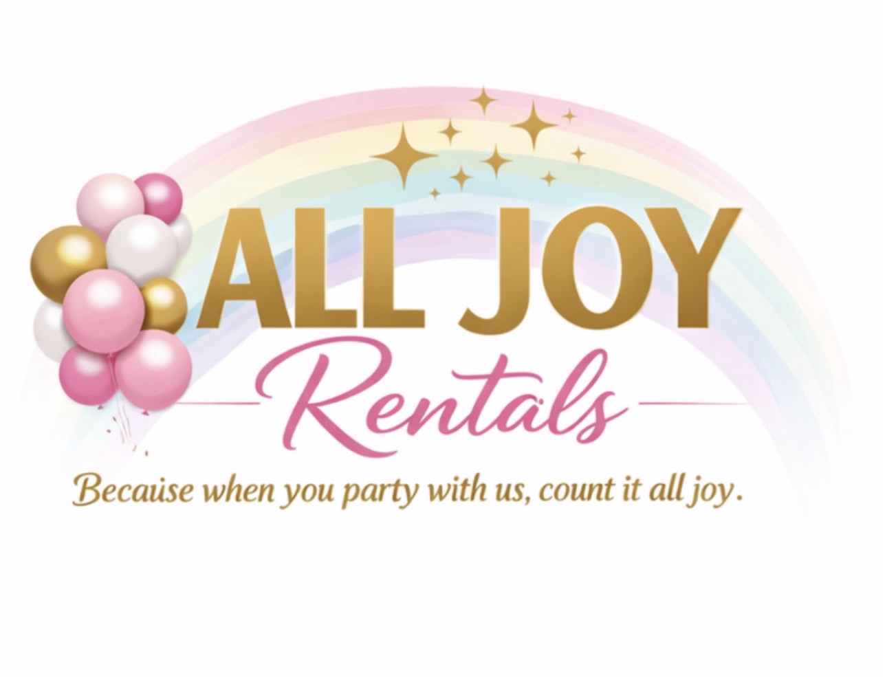 Colorful logo with balloons, rainbow, stars, and text for All Joy Rentals, including a tagline.