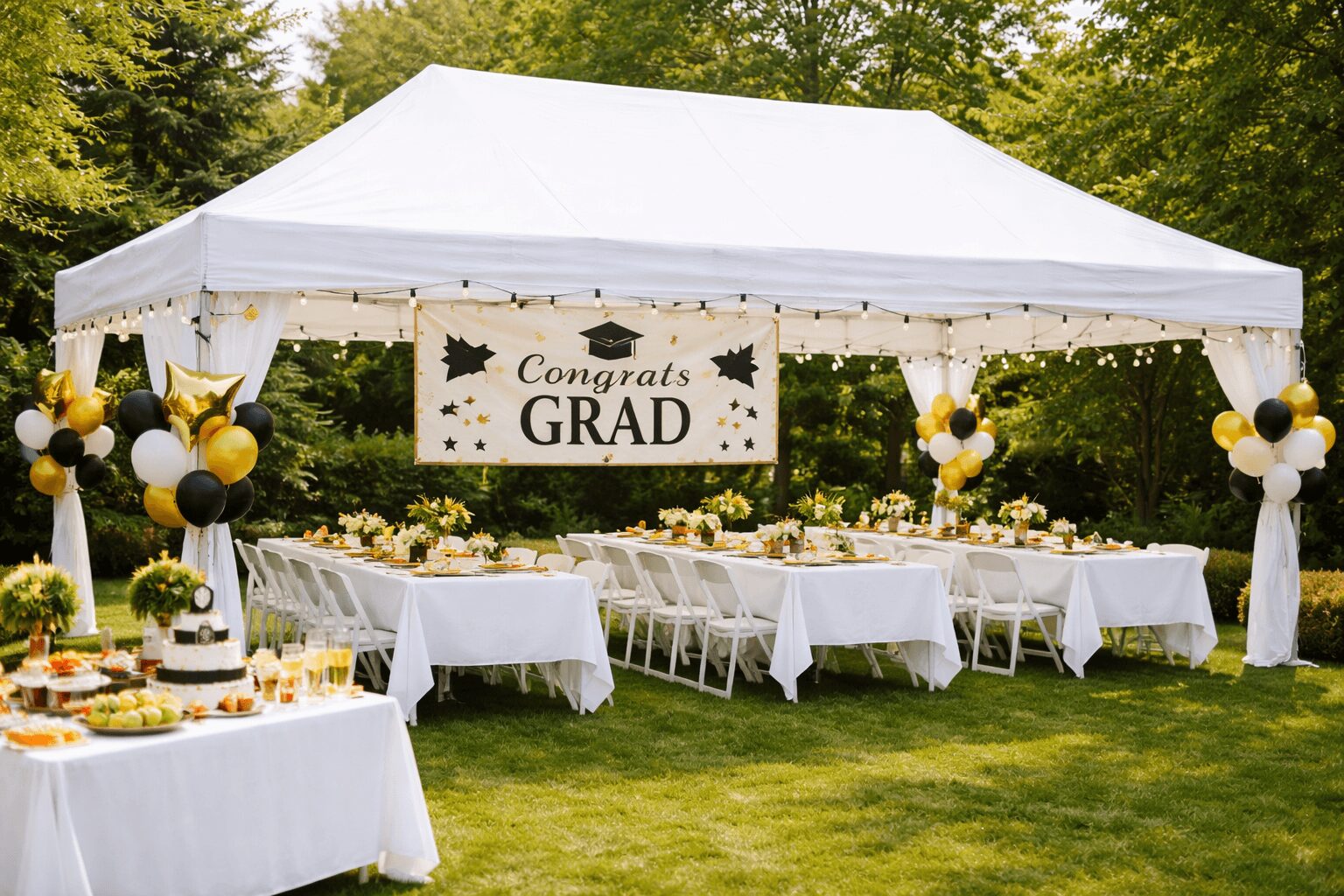 Outdoor graduation celebration with a white tent, decorated tables, and black, gold, and white balloons.