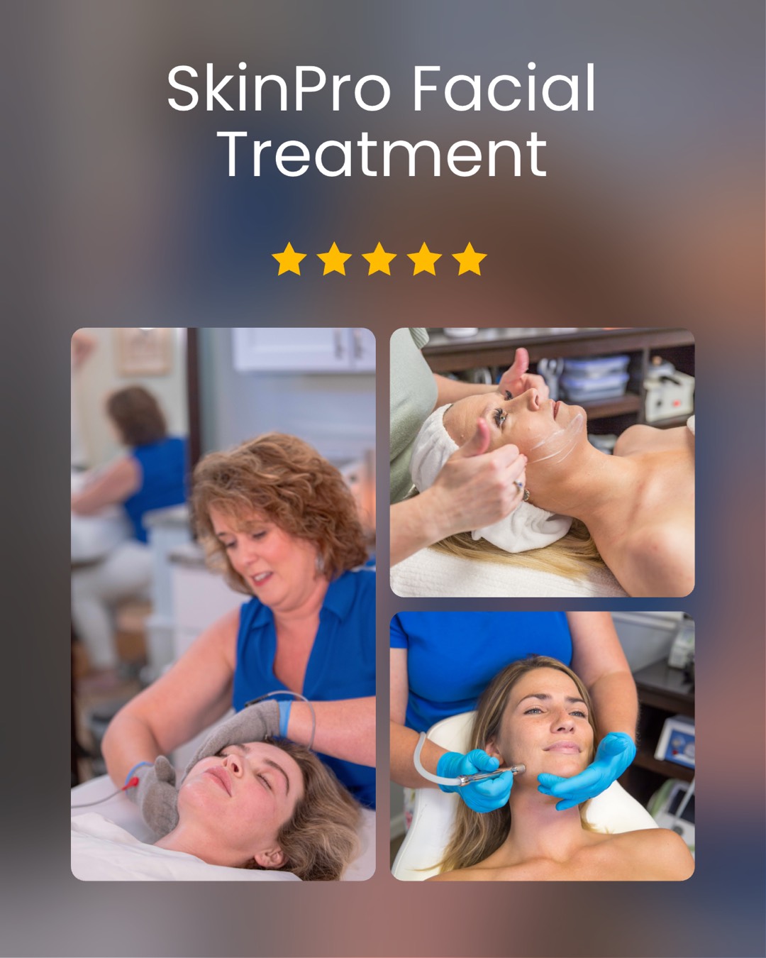 Four images showing facial treatments, a woman receiving facial, and a woman with a facial mask, in a clinic setting.