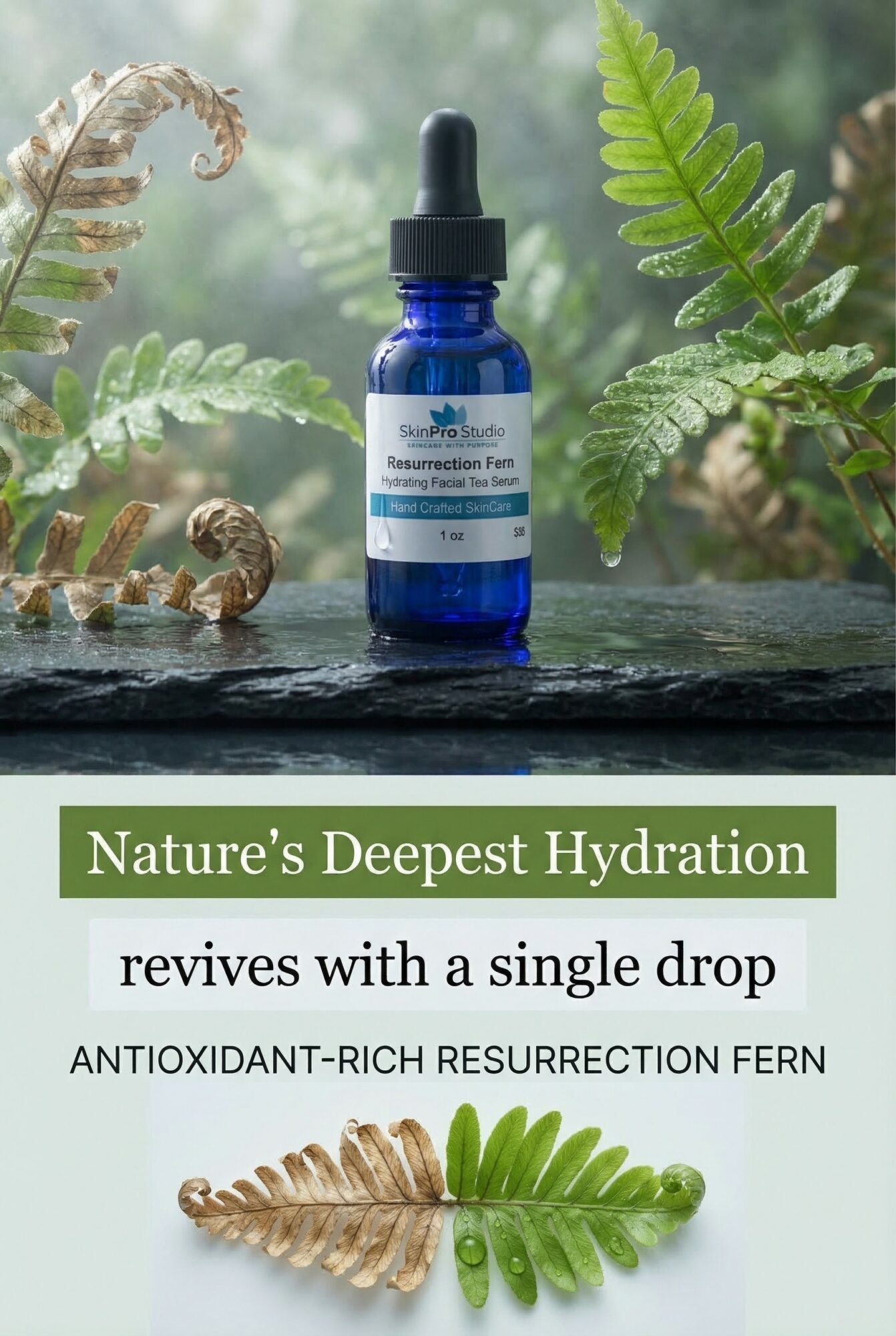 Blue dropper bottle on a wooden surface surrounded by green fern leaves, with a blurred natural background.