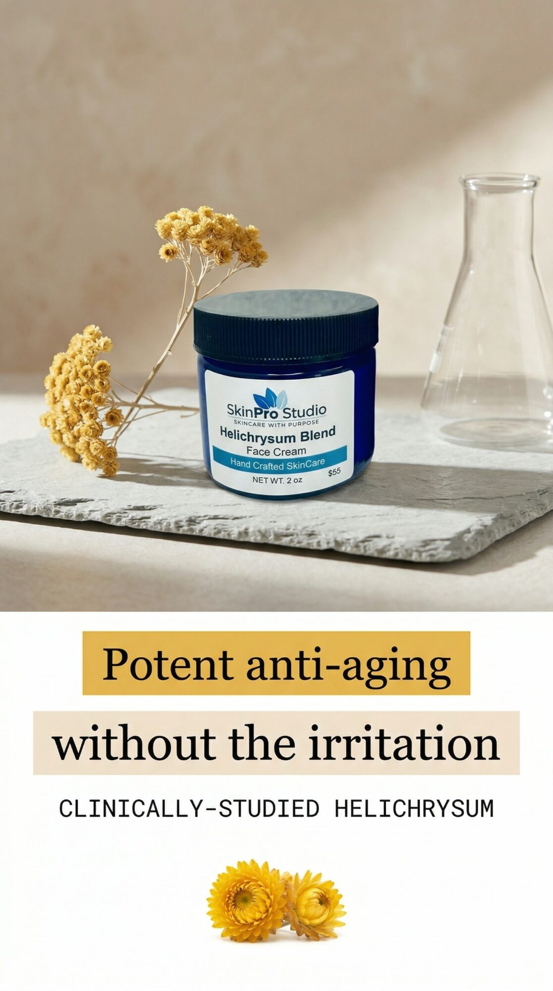 Jar of skincare cream with yellow flowers and a glass container on a marble surface.