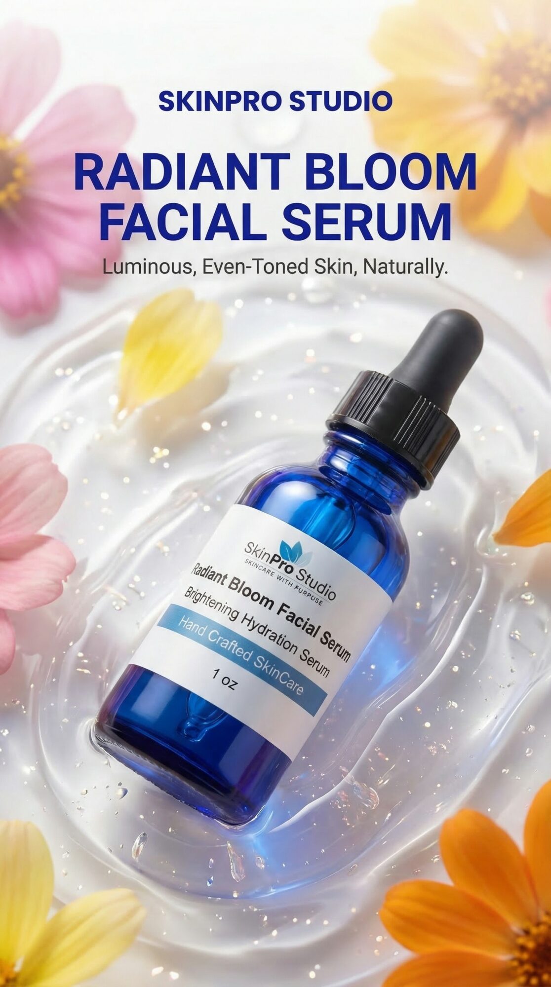 Blue facial serum bottle with dropper on a reflective surface surrounded by colorful flowers.