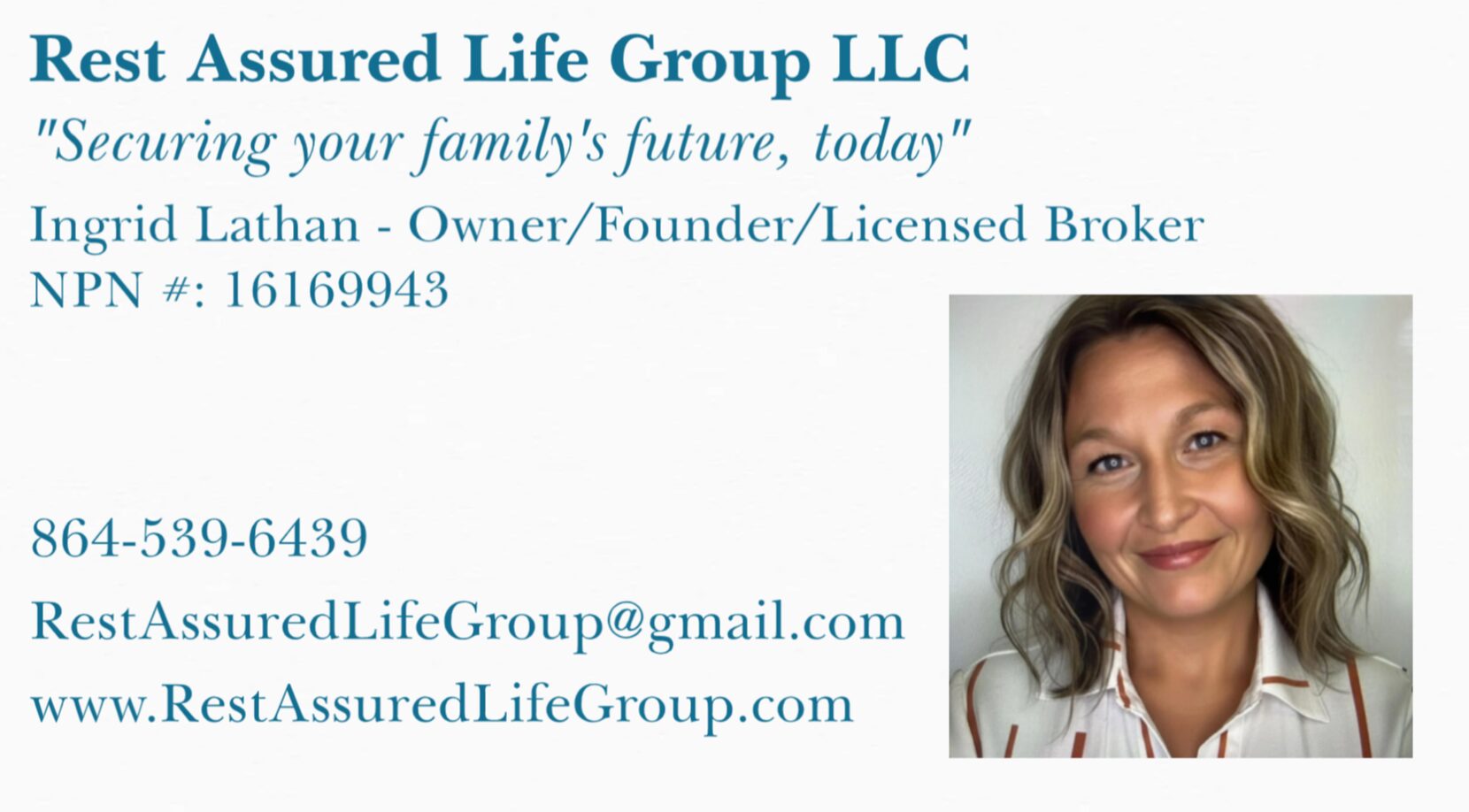 Business card with a woman smiling, contact details, and company information.