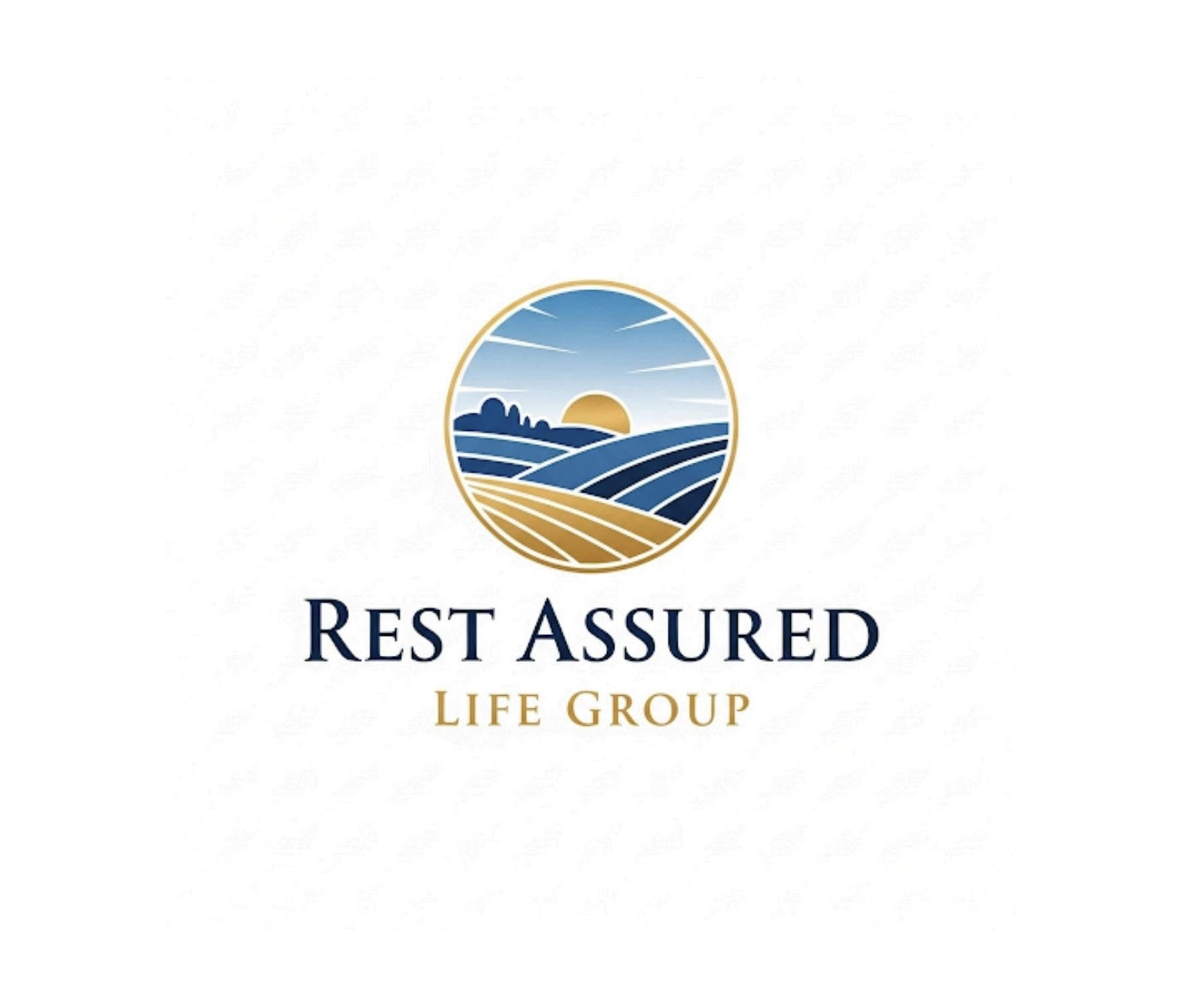 Logo with a sun rising over stylized fields and hills, with text 'Rest Assured Life Group'.