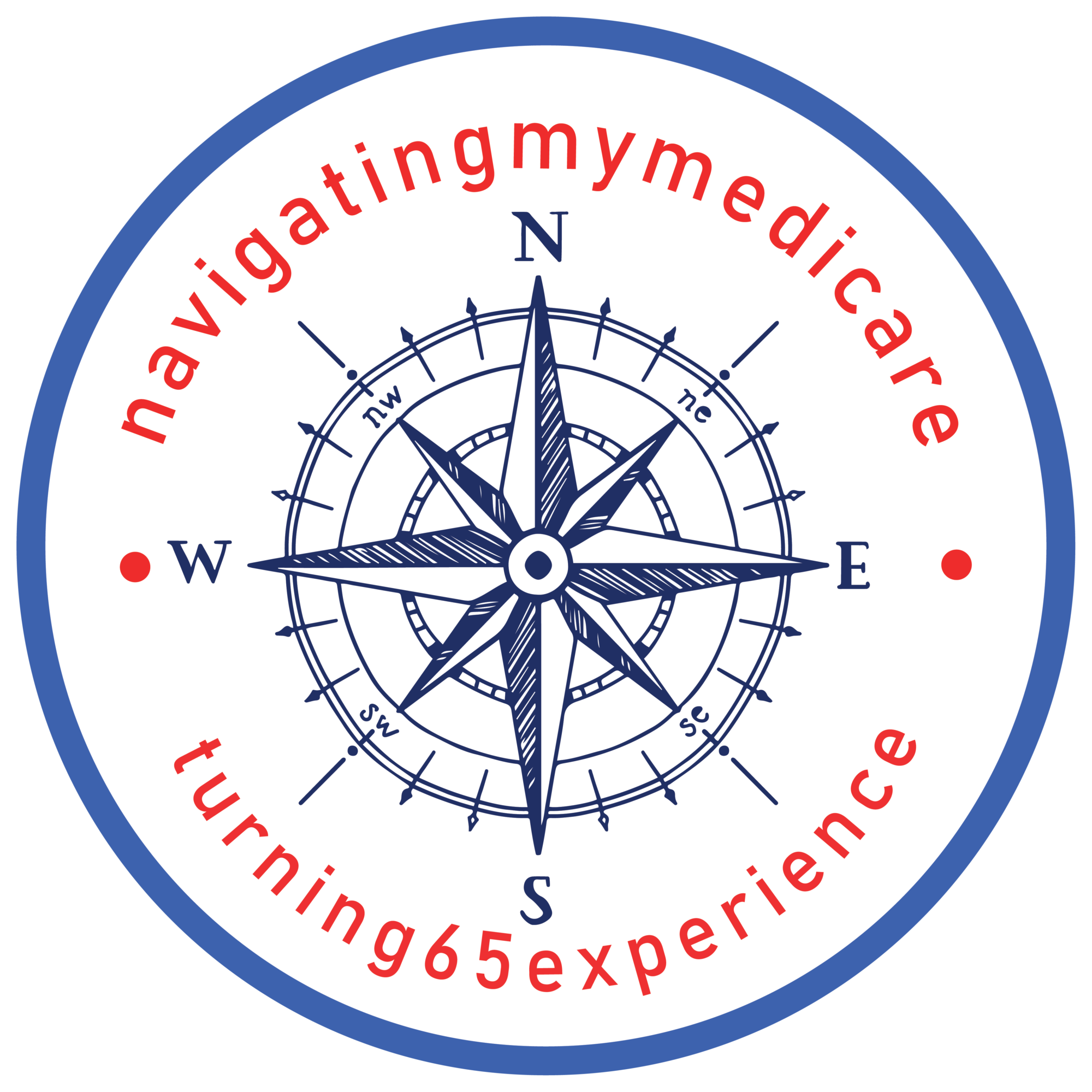 Circular logo with a compass rose, red and blue text, and a black background.