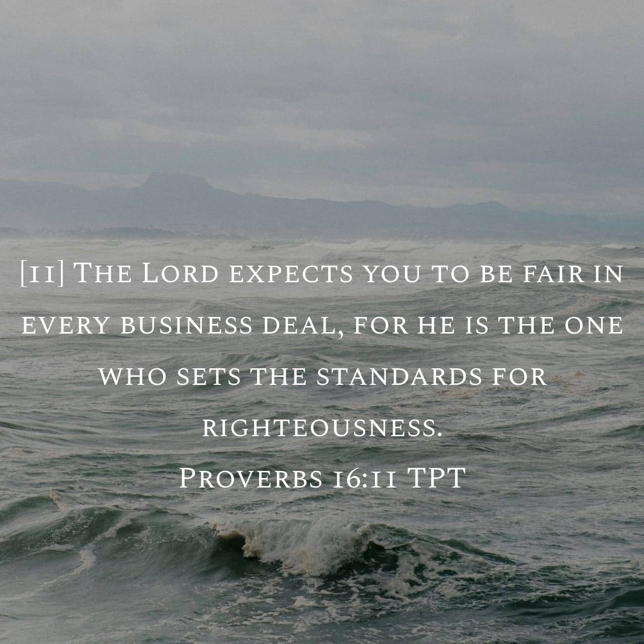 Ocean waves with cloudy sky background and a Bible verse overlay.