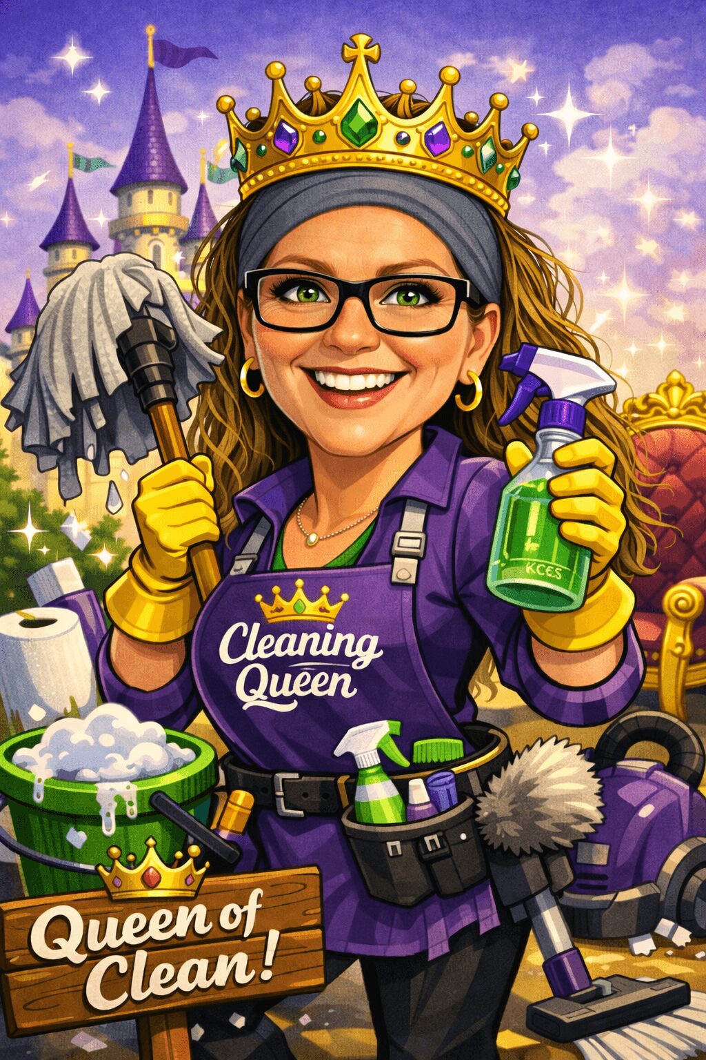 Woman wearing glasses and a crown, holding cleaning supplies, smiling in front of a castle background.