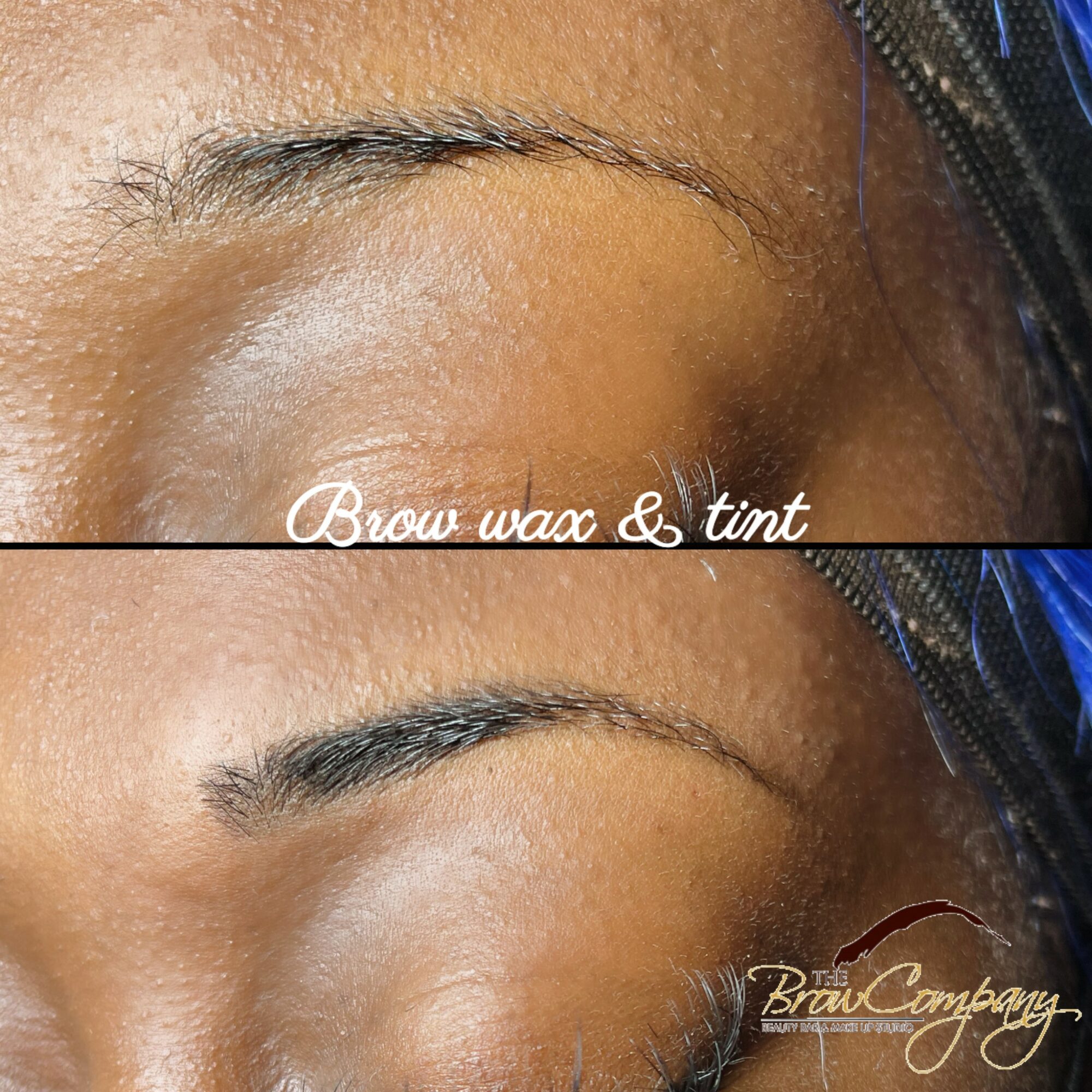 Close-up of a person's eyebrow before and after brow wax and tint treatment.
