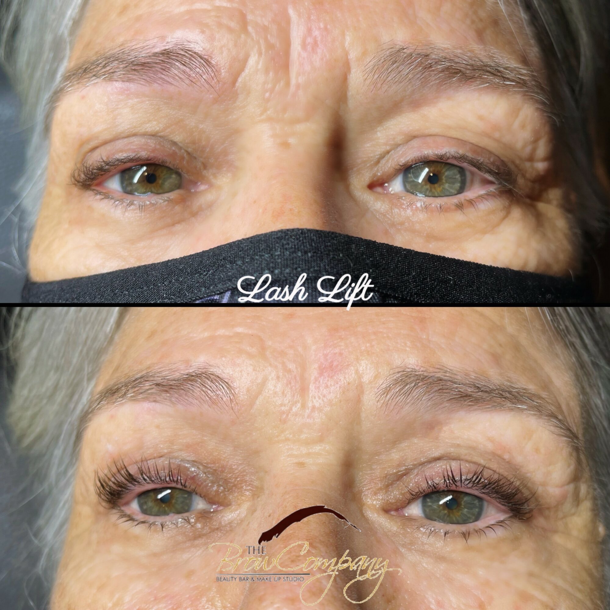 Close-up of eyes before and after eyelash lift, showing increased curl and length in the lower image.