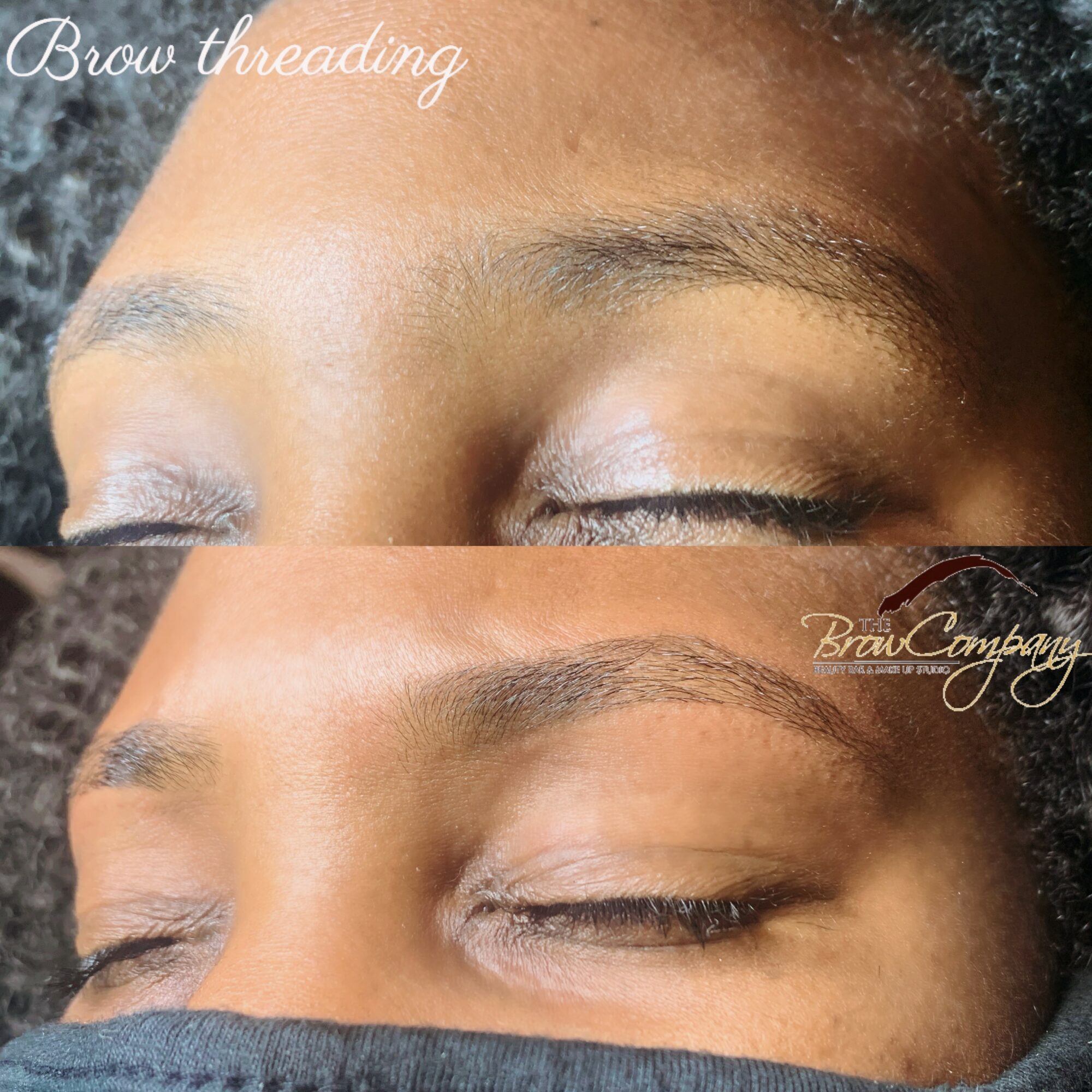 Close-up of closed eyes and eyebrows with eyebrow threading tools visible, skin smooth, natural lighting.