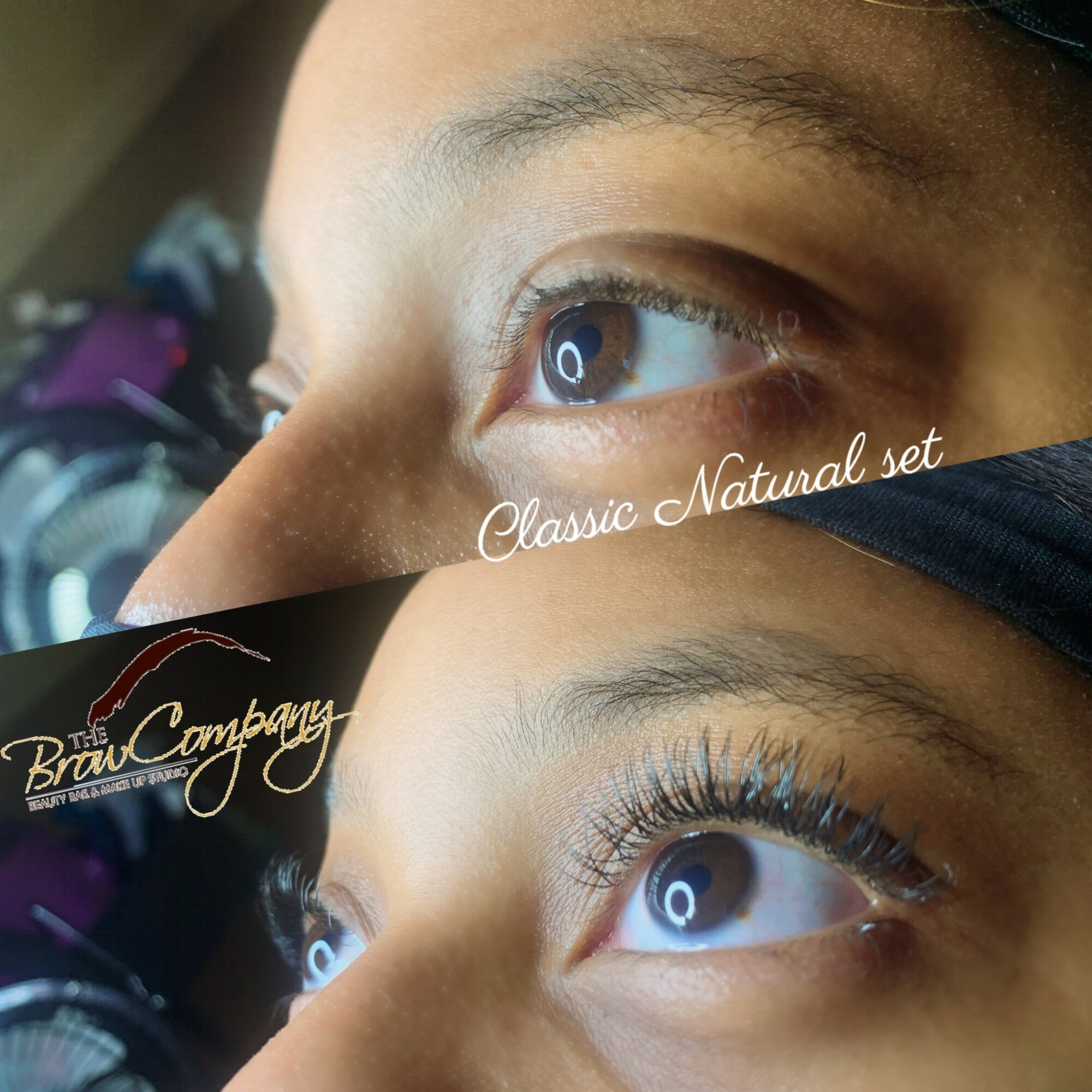 Close-up of a person's eye with long eyelashes, showing before and after eyelash enhancement.