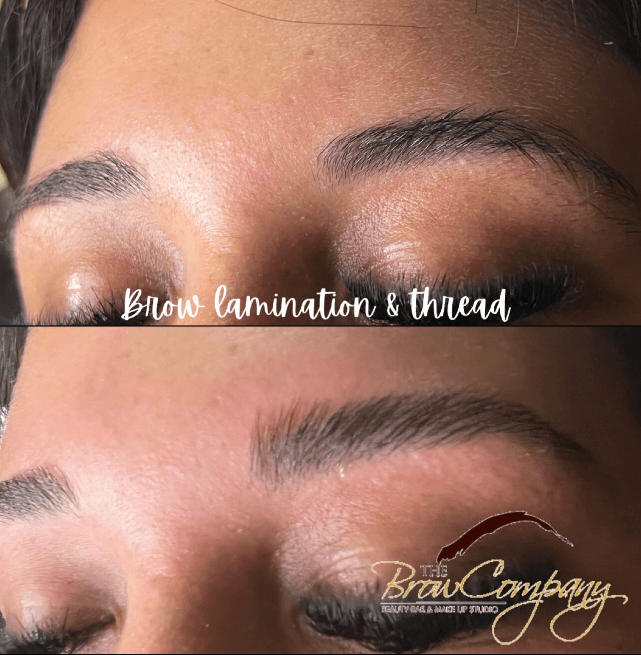 Close-up of eyebrows and eyelids before and after brow lamination and threading.