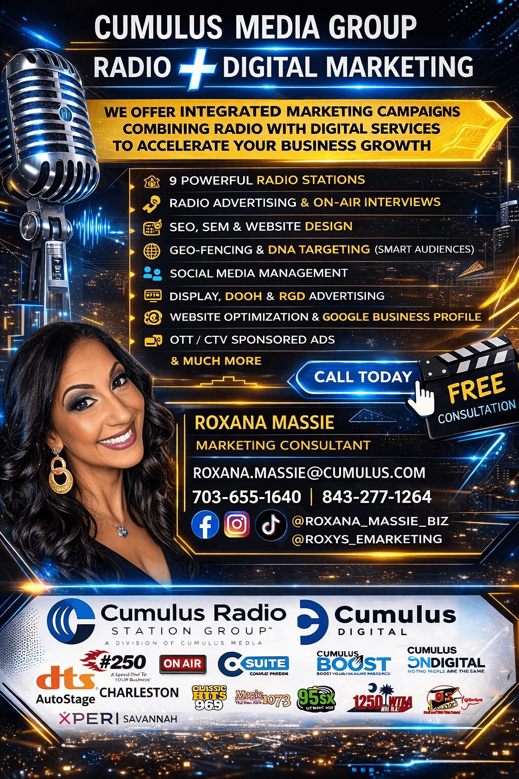 Advertisement for Cumulus Media Group Radio Digital Marketing with contact details and promotional offers.