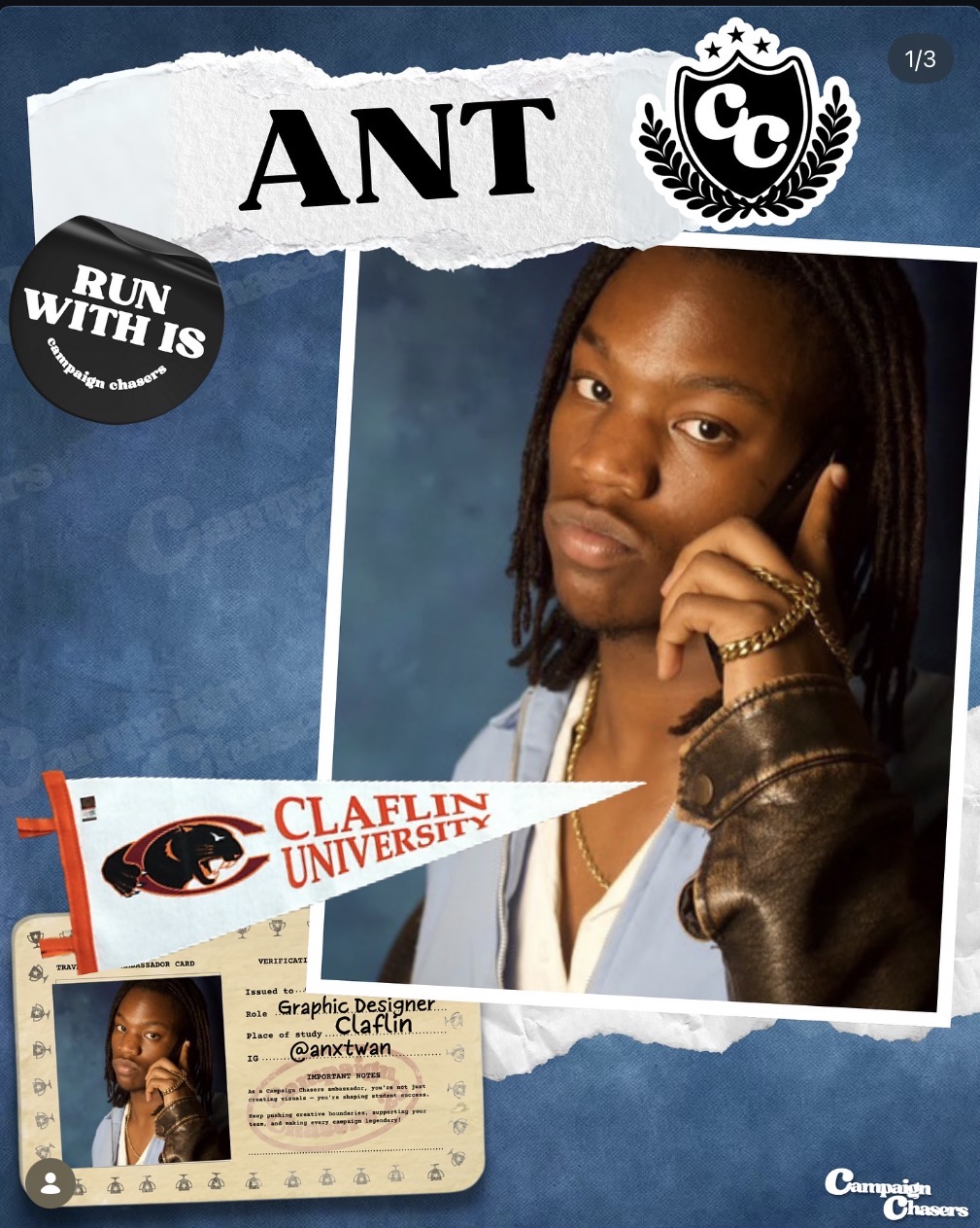 Young person with long hair, wearing a leather jacket, holding a finger to their face, with university and graphic design elements.