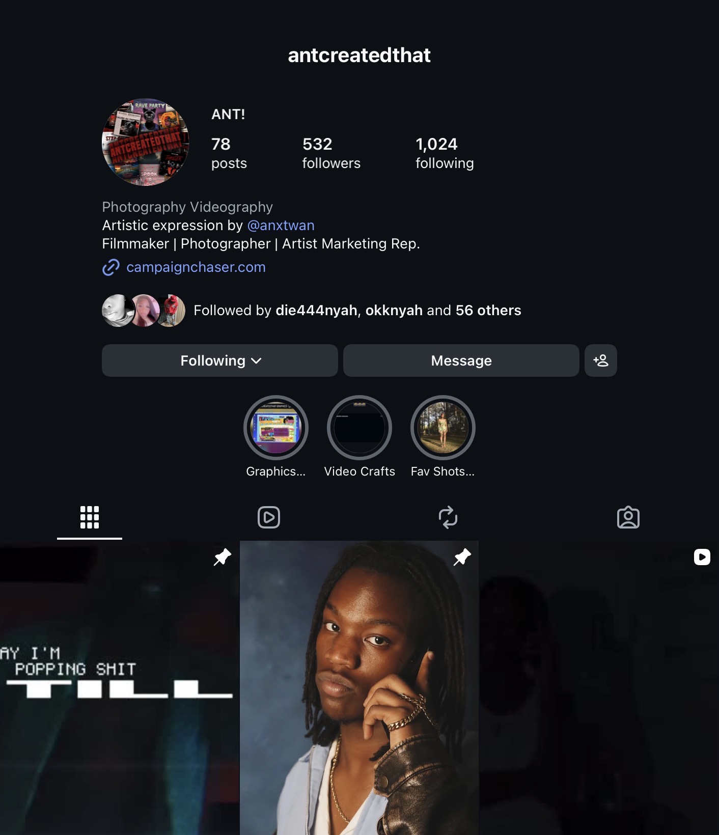 Profile page showing a person with long hair and a white top, holding their hand near their face.