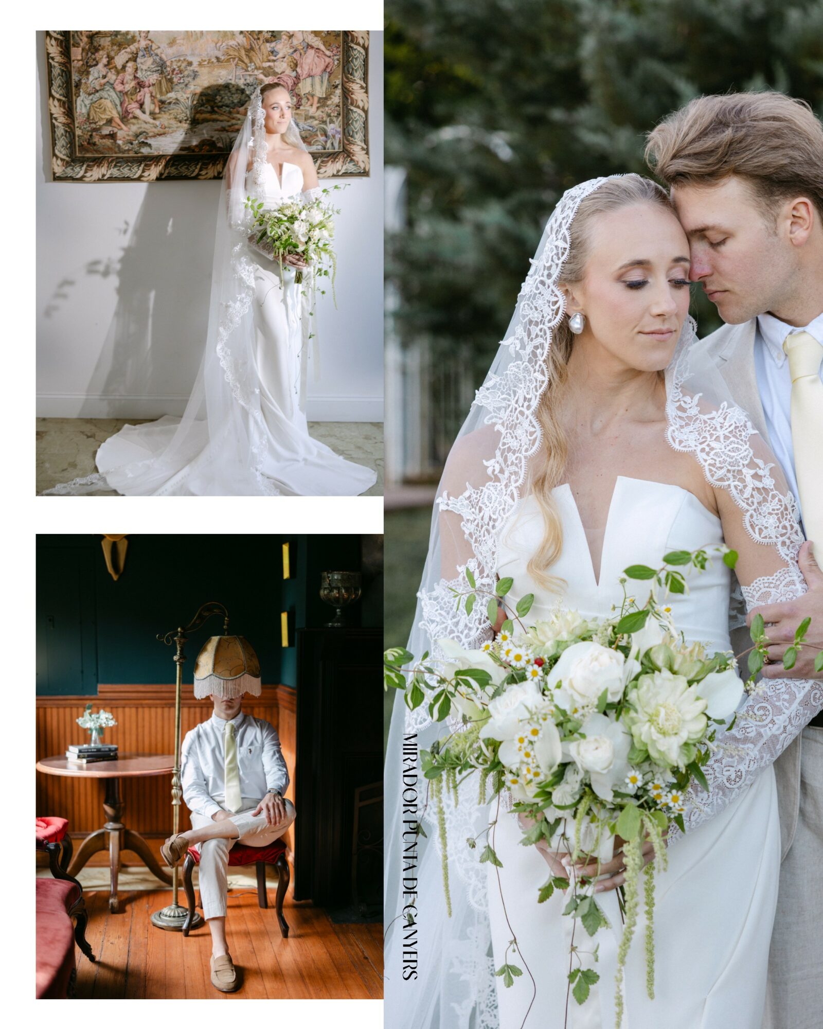Bride holding bouquet, standing indoors with floral tapestry background, wearing a lace wedding dress and veil.