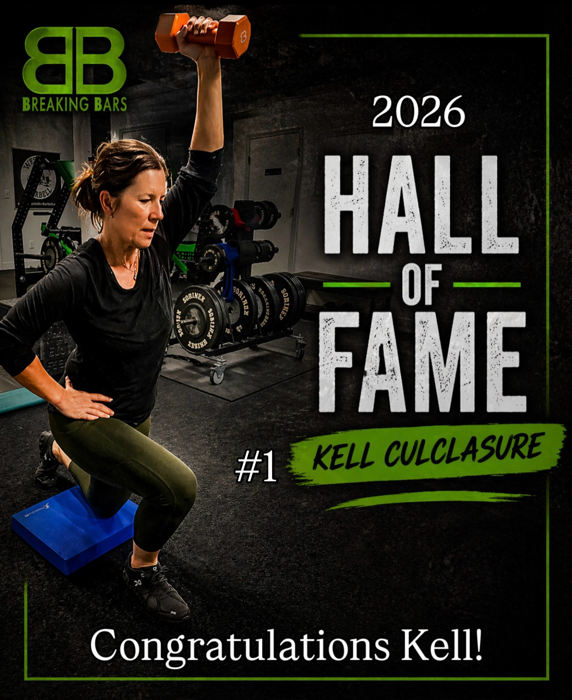 Woman lifting a dumbbell in a gym with weight racks in background, celebrating Hall of Fame induction.