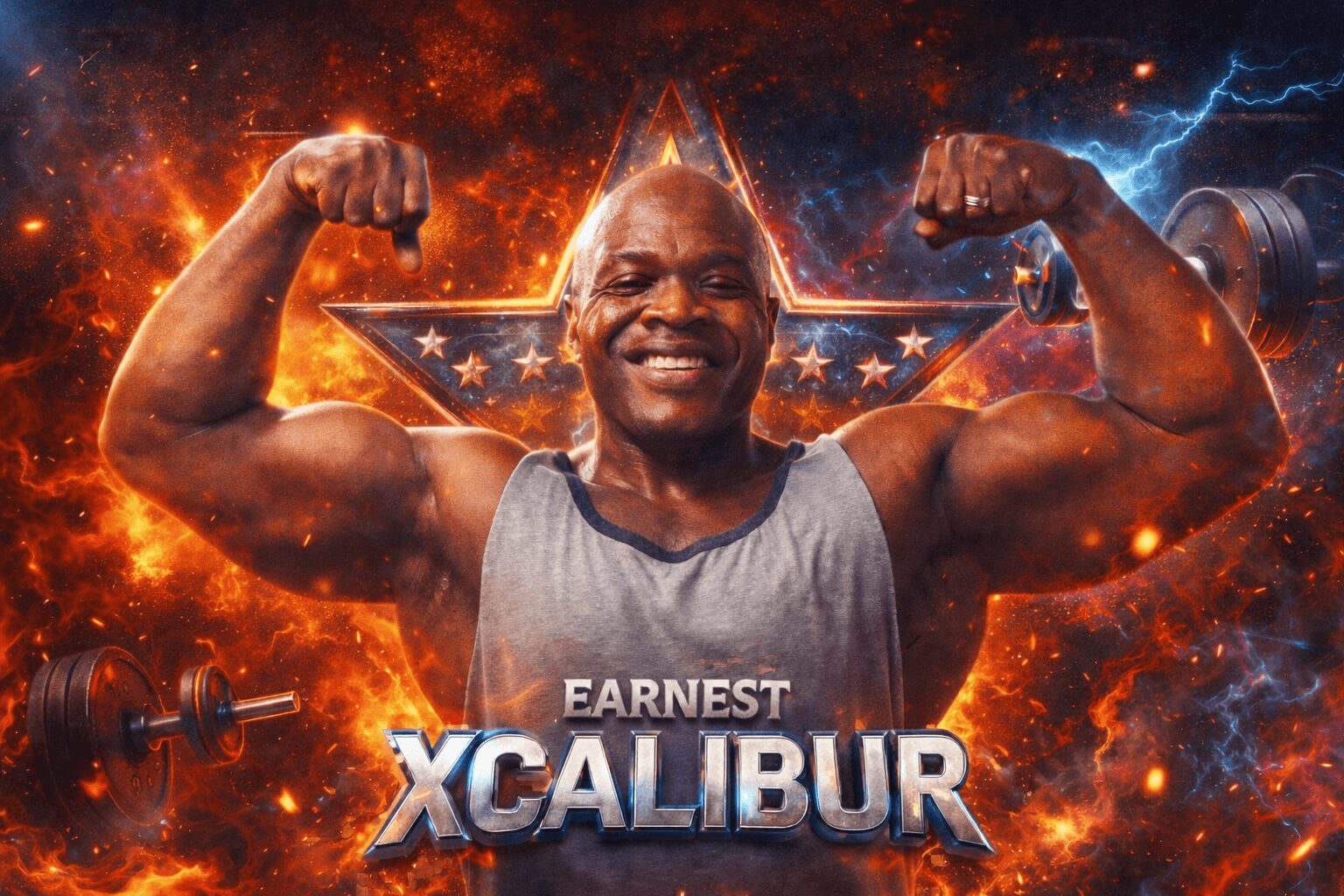 Man smiling and flexing muscles with a star and fiery background, wearing a sleeveless shirt.