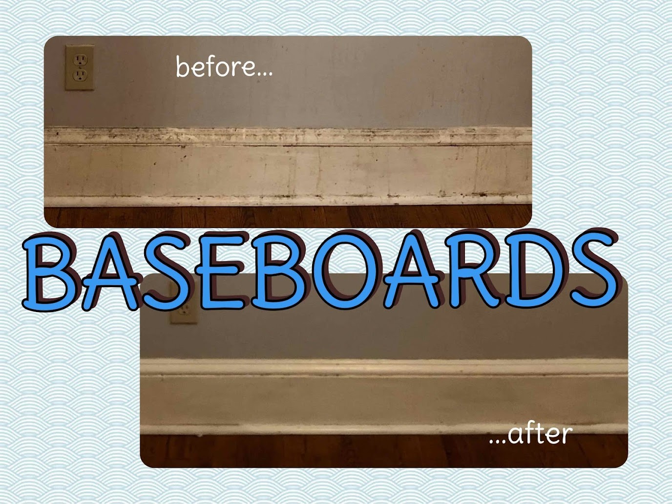 Comparison of a wall before and after installing a new baseboard, with text labels.