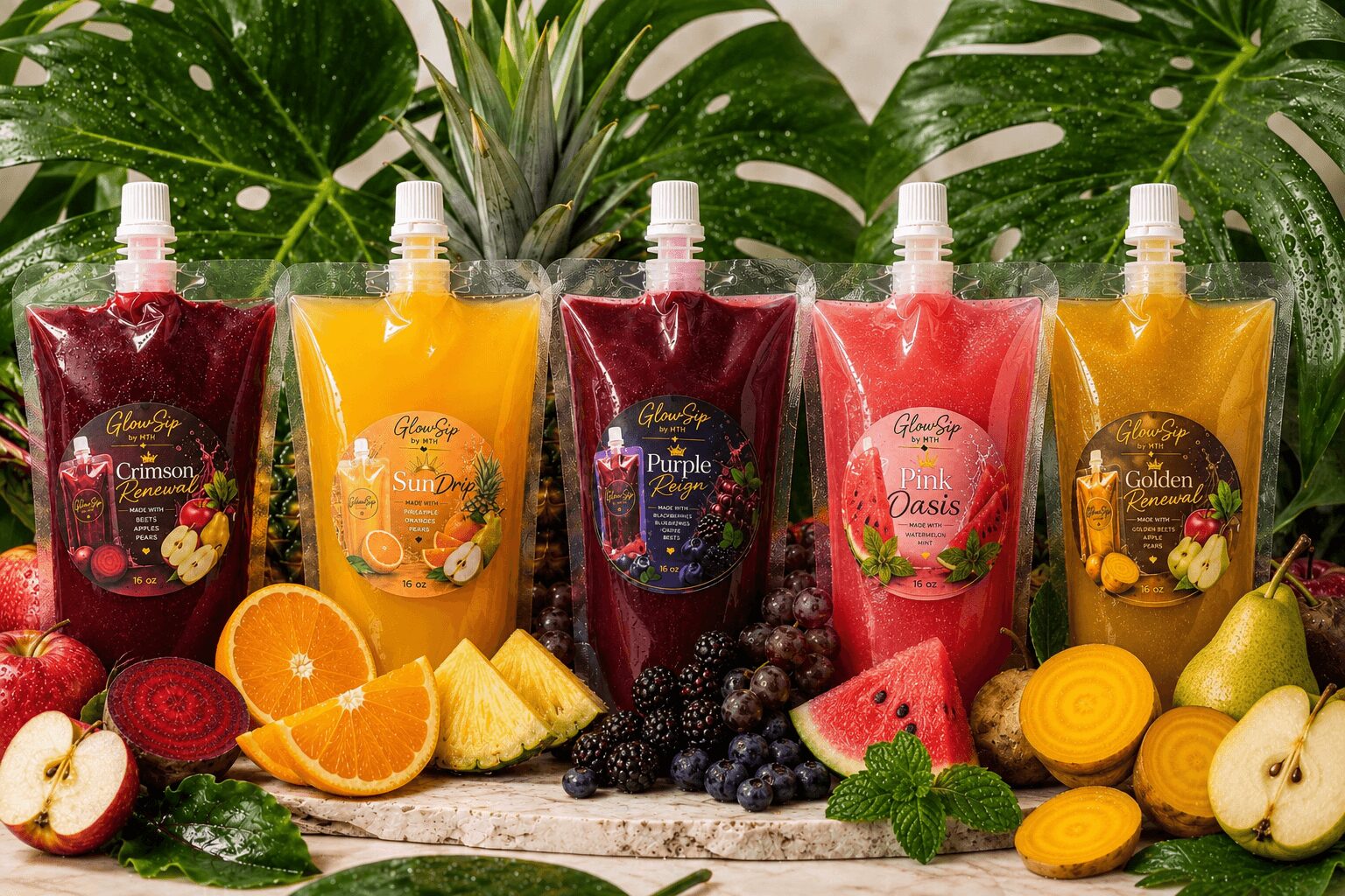 Five fruit smoothies in colorful pouches with fresh fruit and berries in front, tropical plants in background.