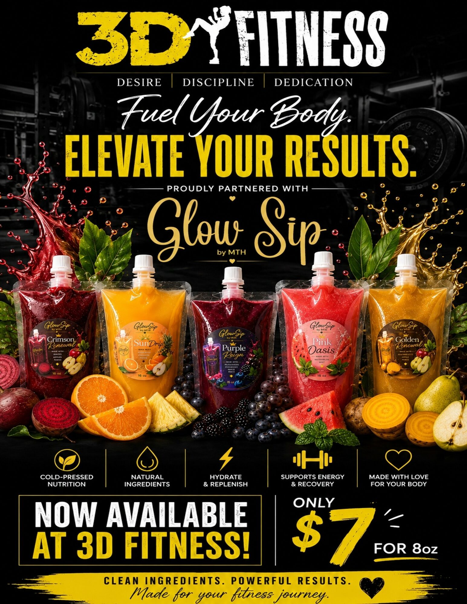 Fitness supplement advertisement with colorful bottles, fruits, and bold text promoting results and a special price.