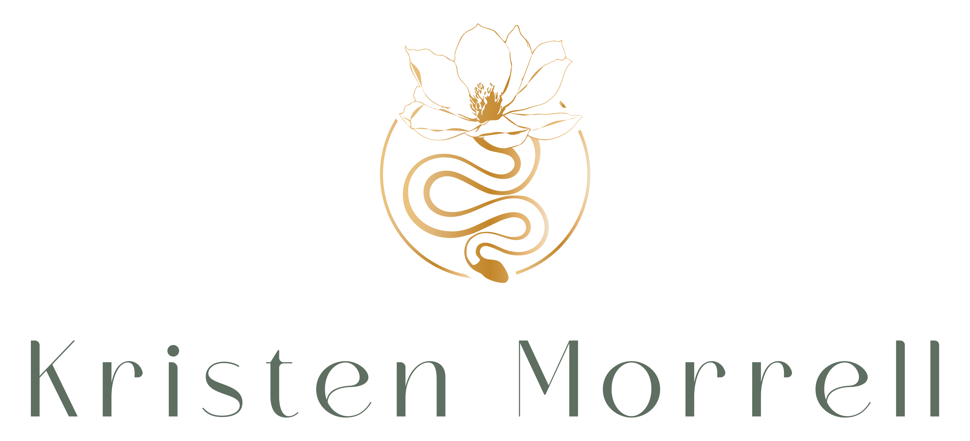 Logo with a snake, flower, and circle above the name Kristen Morrell, in elegant font.