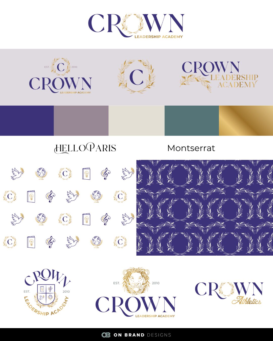 Collection of logo designs with text 'CROWN' and decorative elements, various colors and patterns, including gold, purple, and blue.