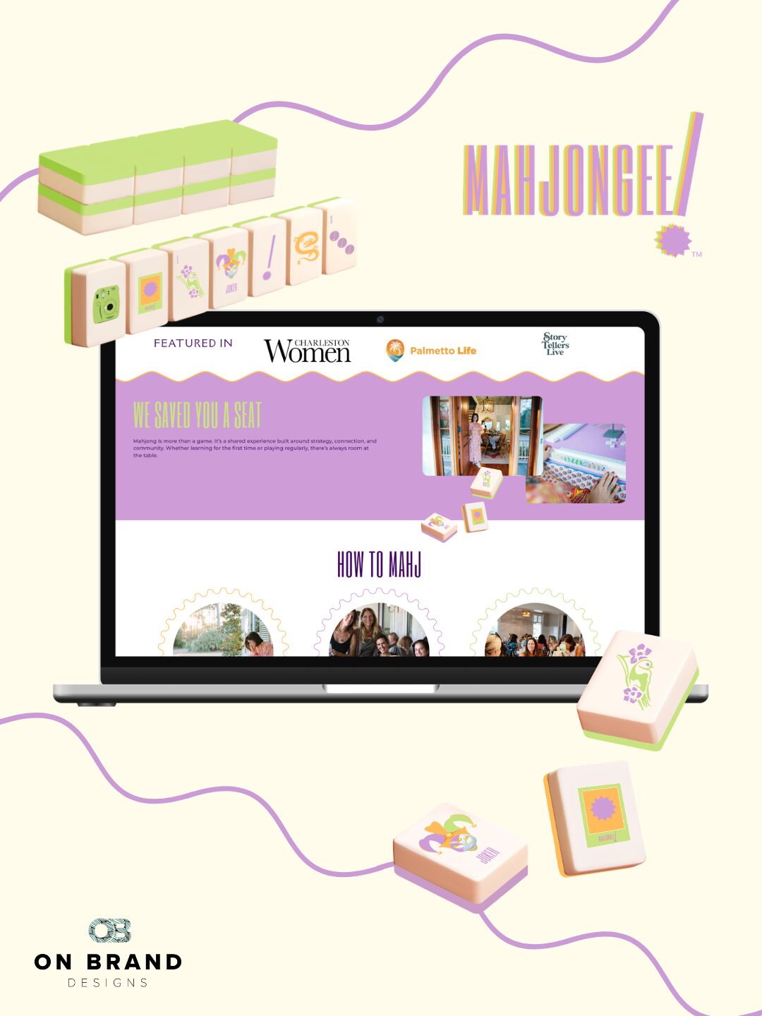 Laptop displaying a website with purple and white design, surrounded by colorful blocks and a purple string, with 'MAHJONG!!' text.
