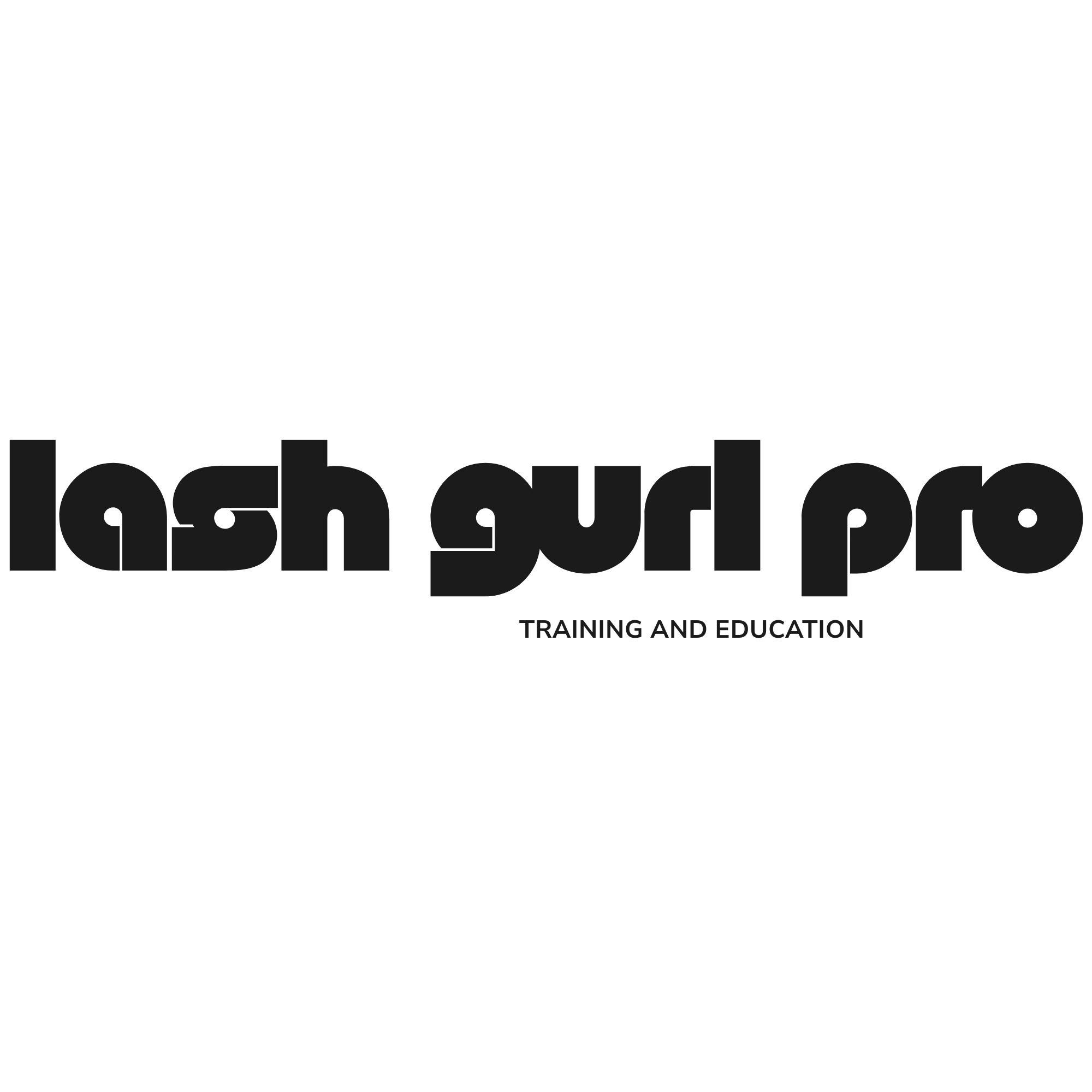 Lash guru pro logo with bold text and smaller tagline, training and education, on a white background.