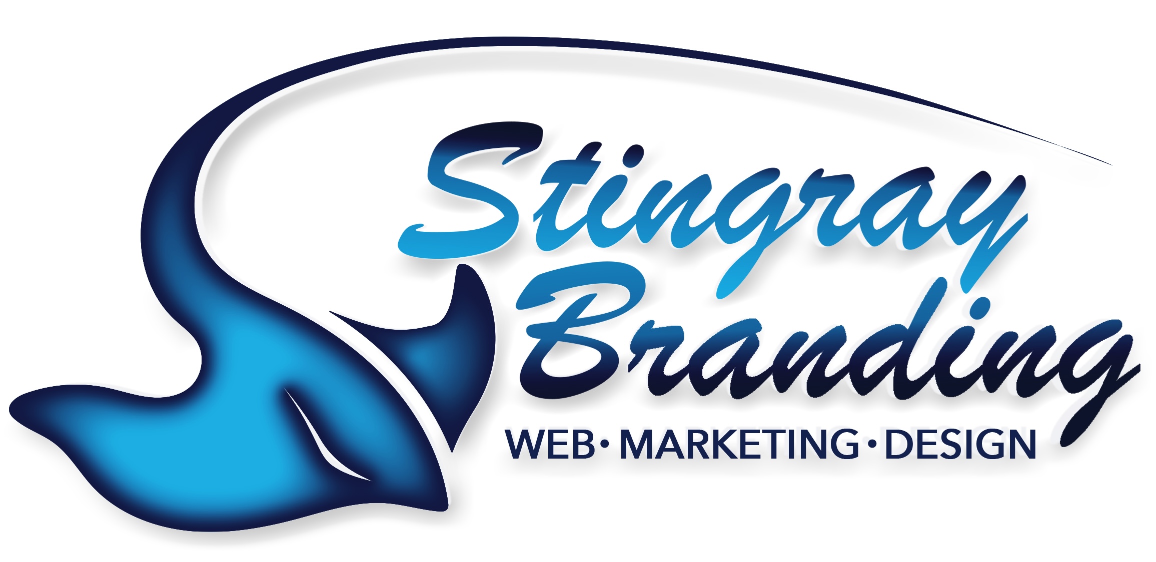 Logo with a stylized shark and text for Stingray Branding, including services WEB, MARKETING, DESIGN.
