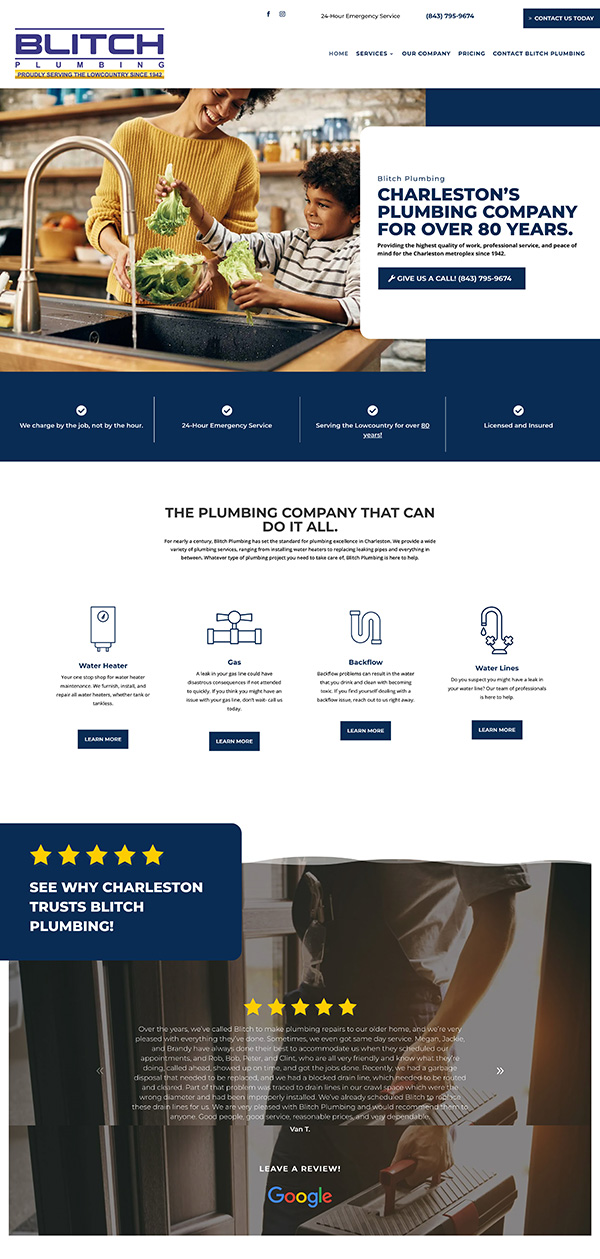 Website homepage with a woman in a yellow shirt preparing food, plumbing company services, and a review section.