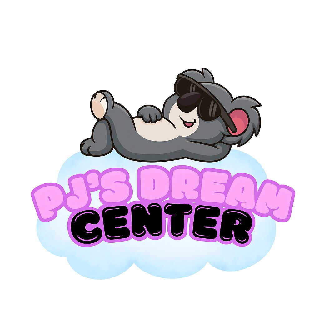 A cartoon koala wearing sunglasses, lying on a cloud with pink and black text reading