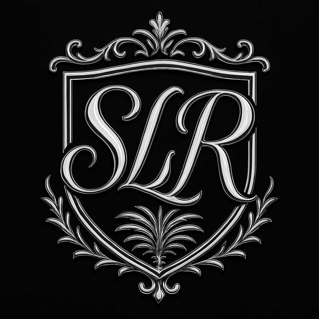 Elegant monogram with the letters SLR inside a decorative shield with floral accents, on a black background.