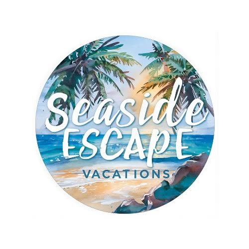 Circular logo with tropical beach scene, palm trees, ocean, and sunset, with text 'Seaside Escape Vacations'.