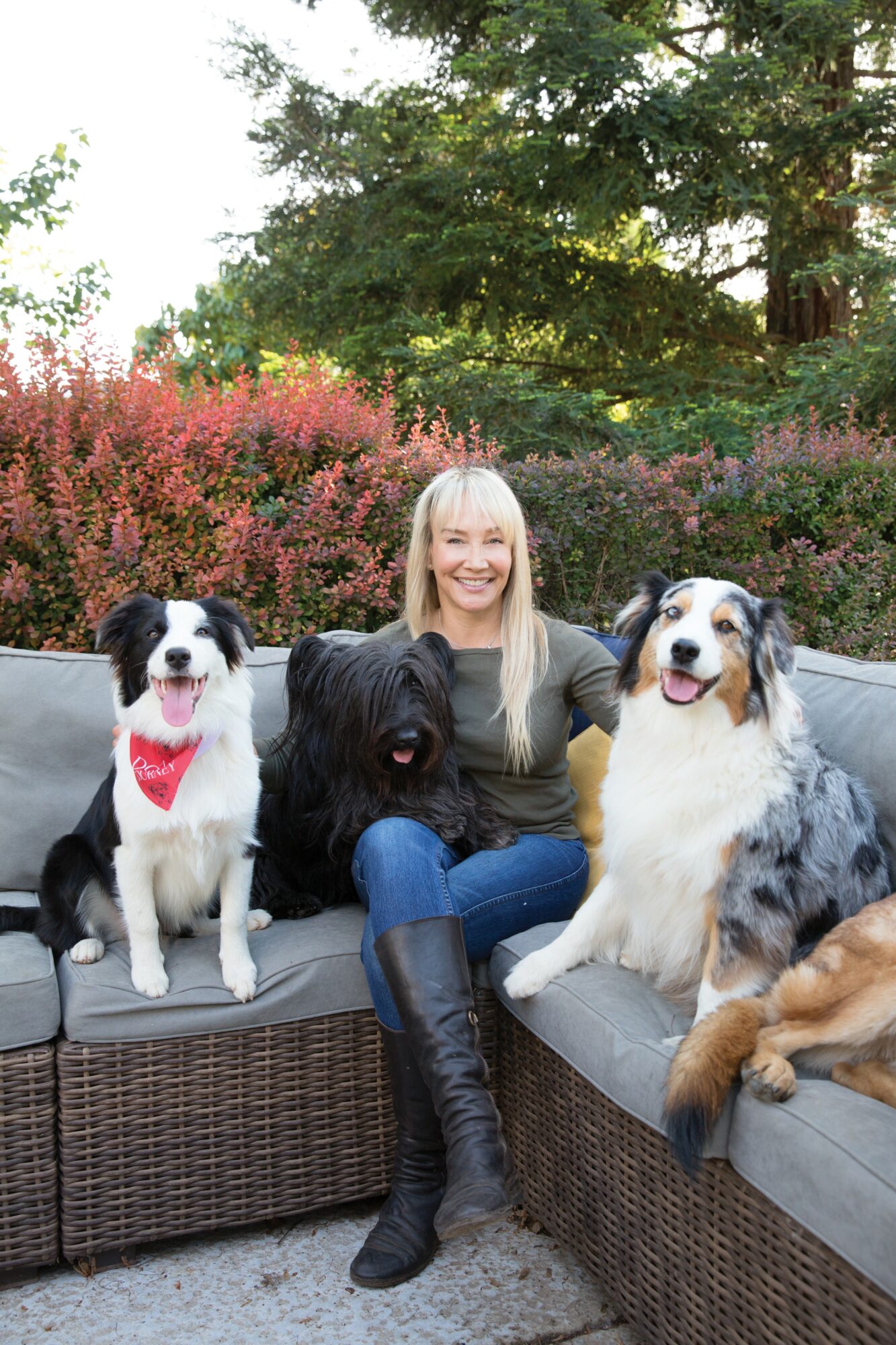 Woman sitting on outdoor sofa with three dogs, surrounded by trees and bushes, sunny day.