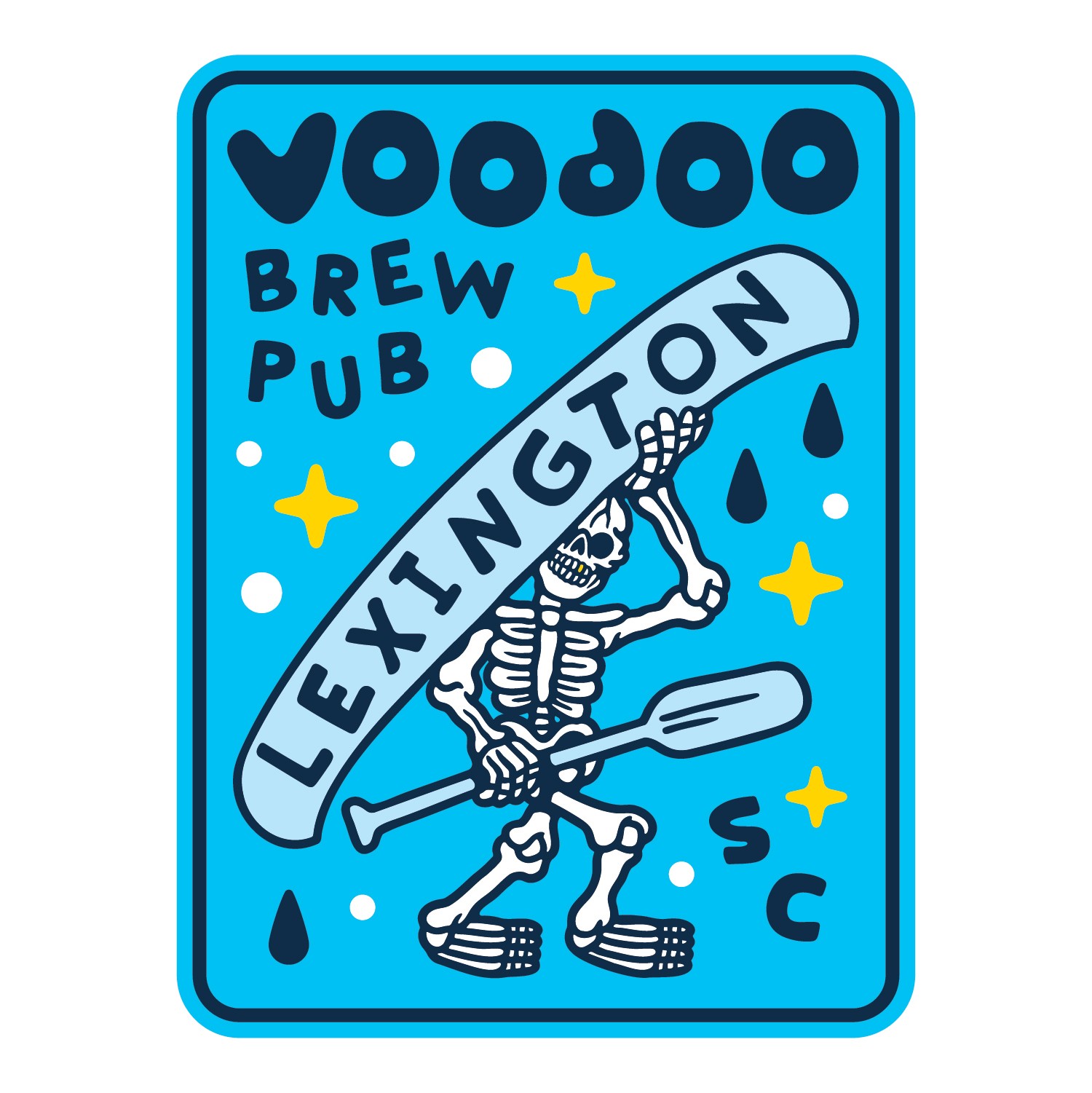 A colorful sign with a skeleton holding a paddle, advertising Voodoo Brew Pub in Lexington, SC, with stars and drops around it.