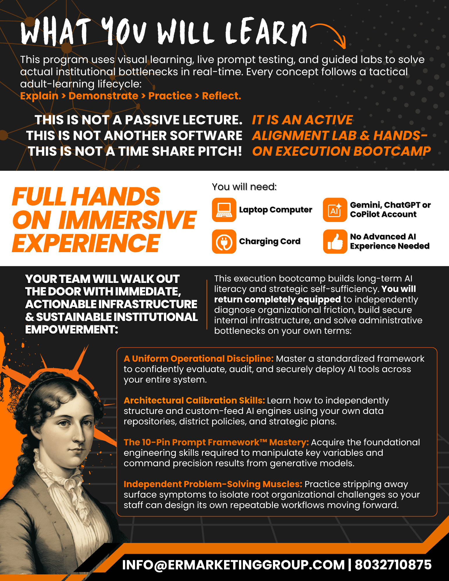 Text on a black background with orange and white accents, discussing learning, program features, and team experience.