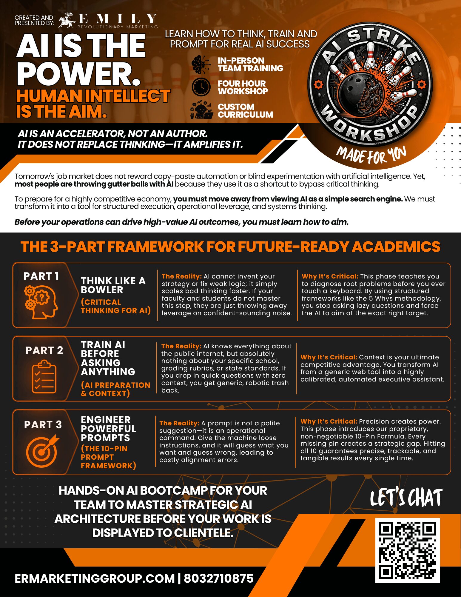 Promotional poster with text about AI, human intelligence, and a training program, featuring a circular logo and QR code.