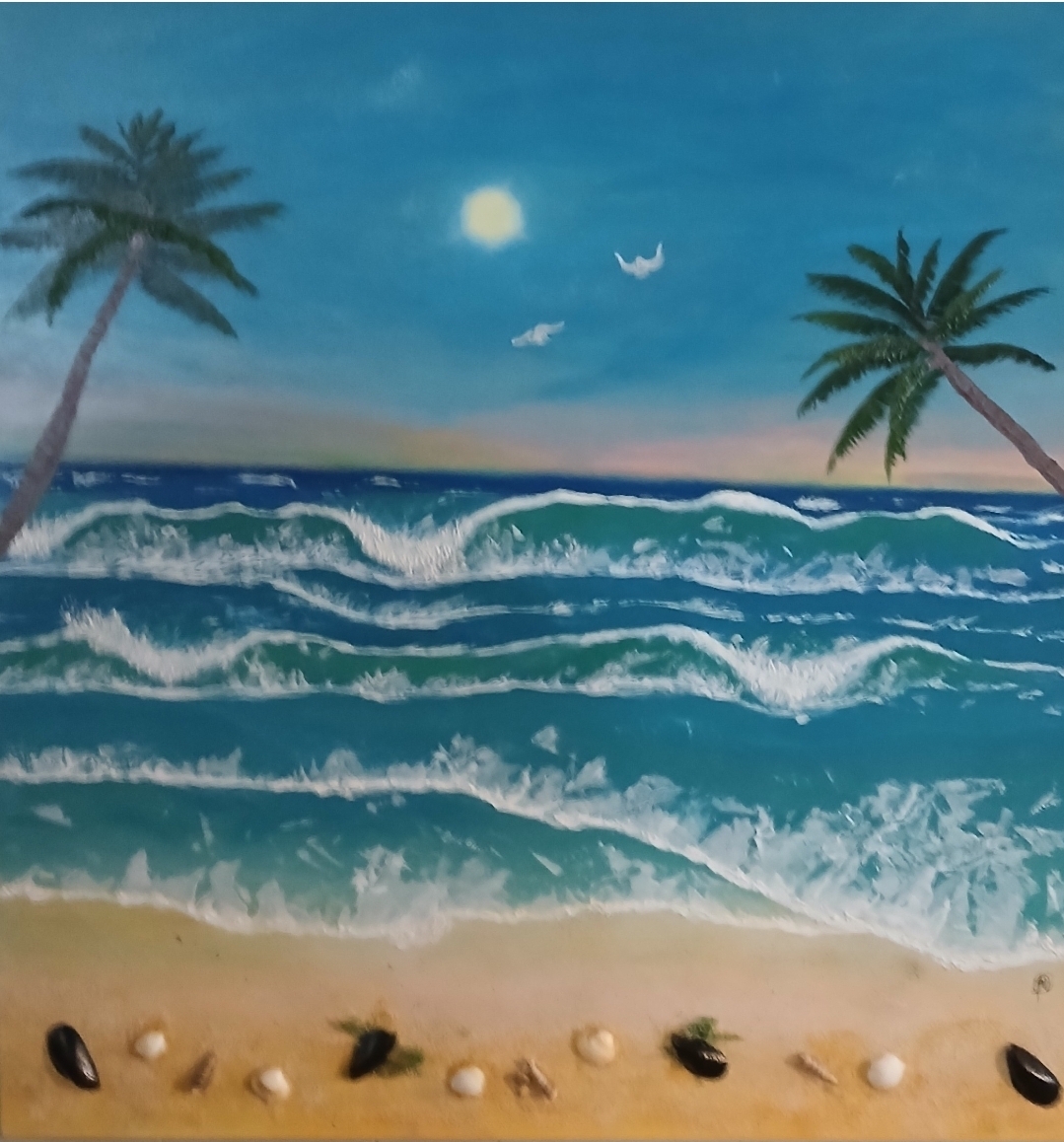 Beach scene with palm trees, ocean waves, moon, and a bird in the sky, viewed from the sandy shore.