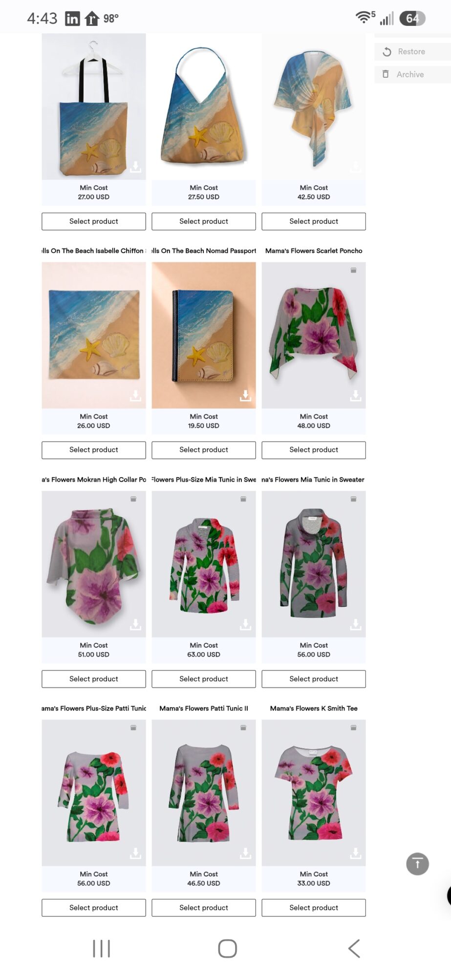 Six images of colorful bags and clothing with floral patterns, displayed in a grid, with some items featuring pink flowers.