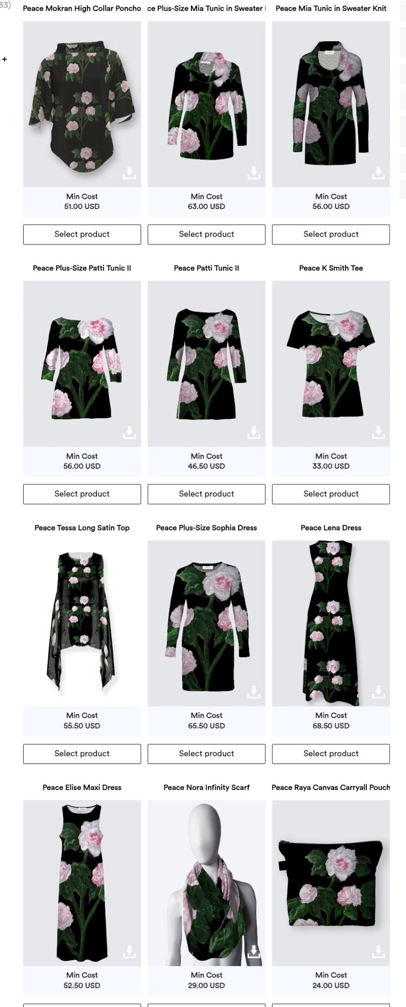 Multiple traditional Japanese kimonos with floral patterns displayed on mannequins and hangers, featuring black backgrounds and pink flowers.