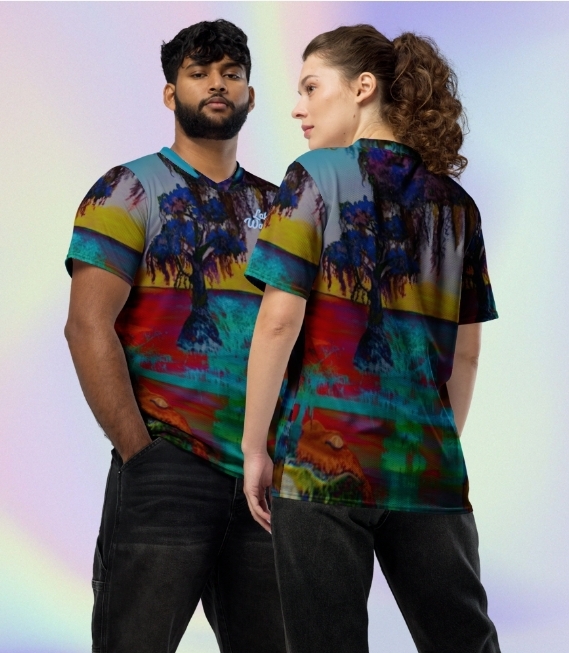Two people wearing colorful, landscape-themed shirts stand against a light, iridescent background. One faces forward, the other in profile.