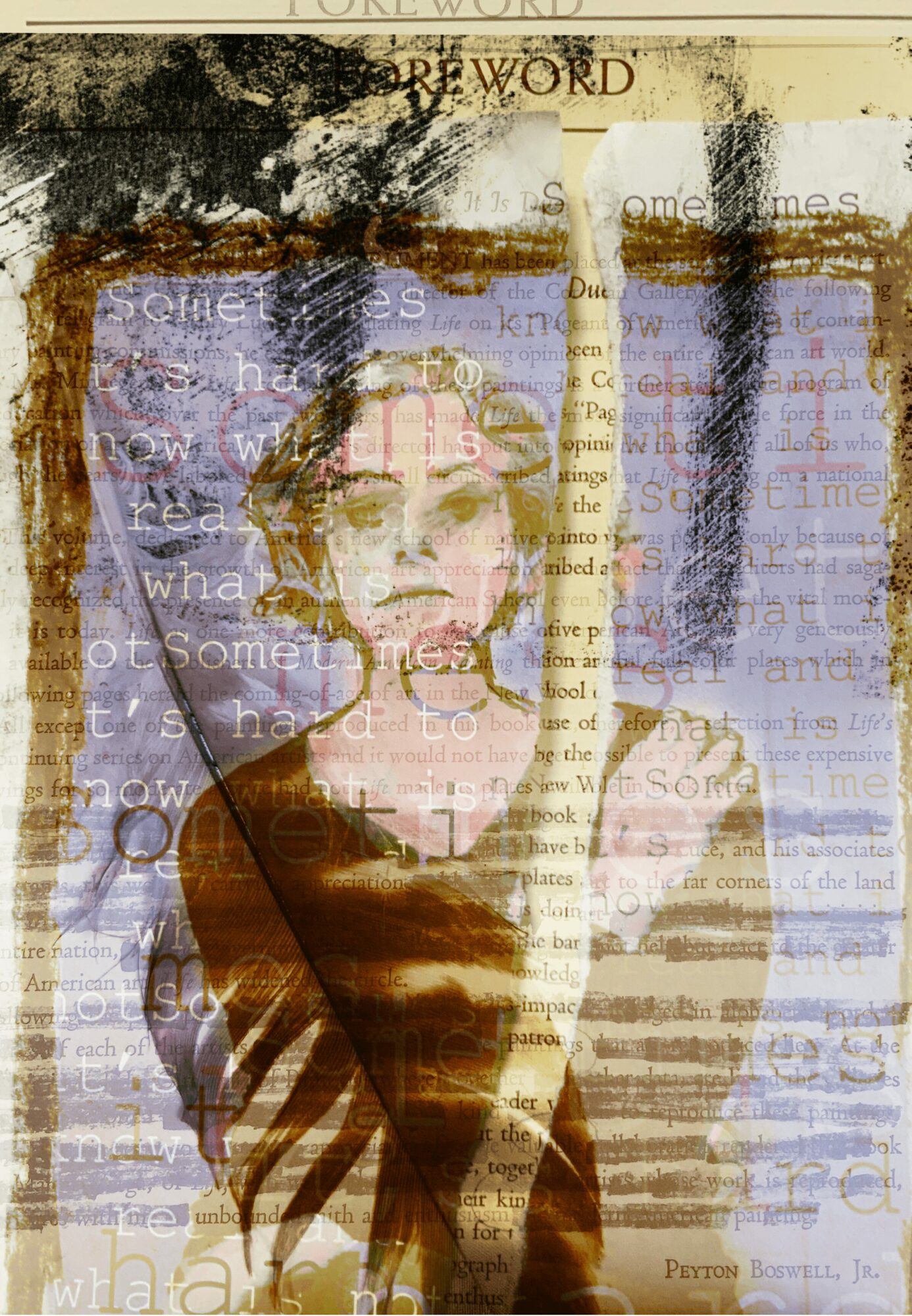 A woman with long hair and a serious expression, overlaid with text and textures, holding a sword.