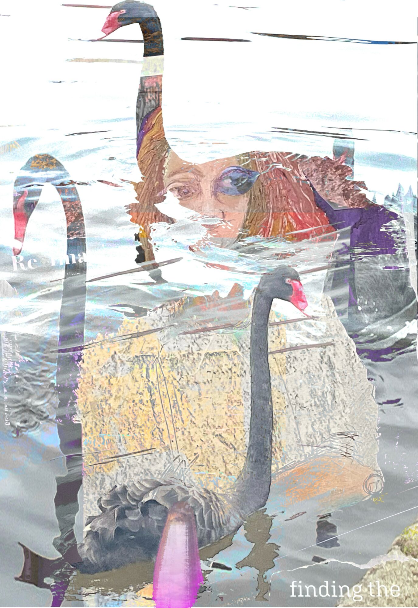Person partially submerged in water with two swan-shaped floaties, one around their neck and one nearby, with water reflections.