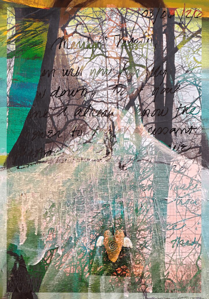 A layered image with trees, colorful background, handwritten text, and a person with a dog, partially obscured by textures.