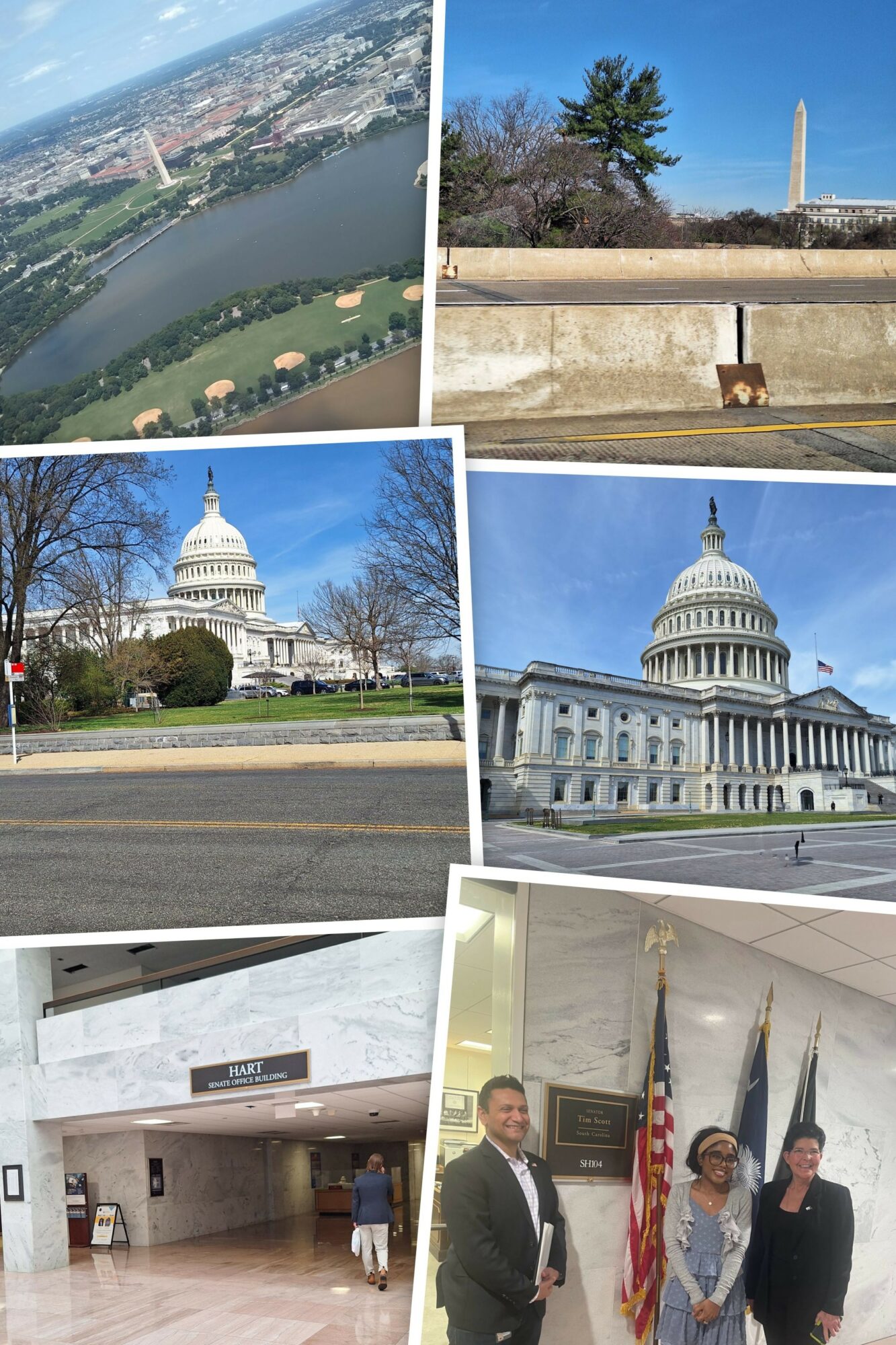 Four images: aerial cityscape, monument with trees, Capitol building, Capitol building from a different angle, indoor lobby, group of three people in formal attire.