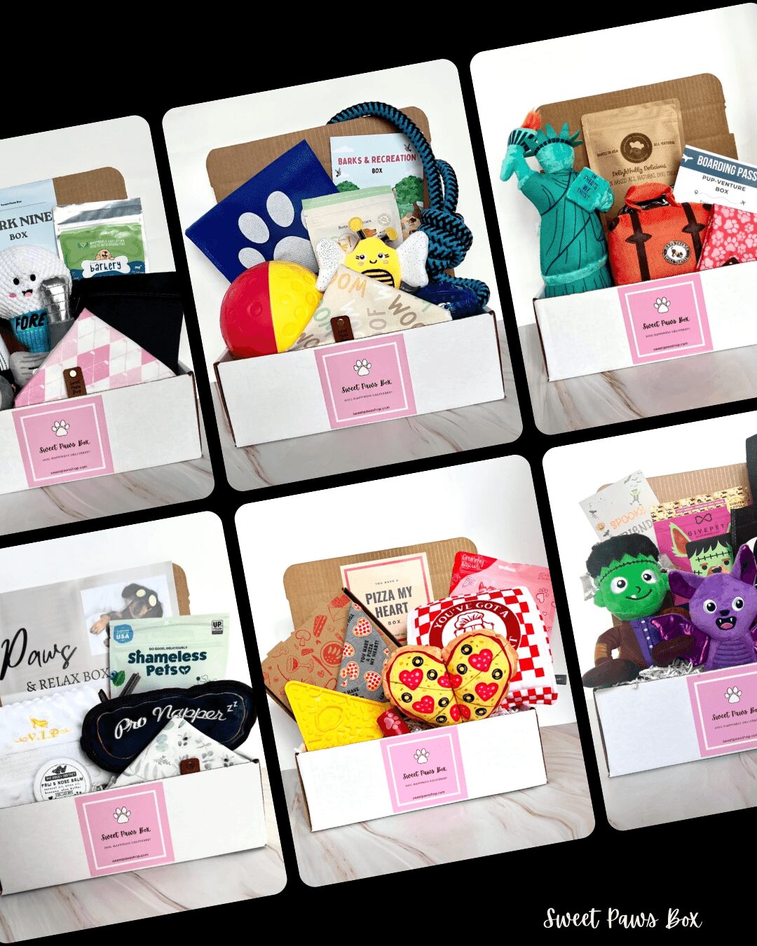Six open boxes with various pet toys and accessories, arranged in two rows of three, on a black background.