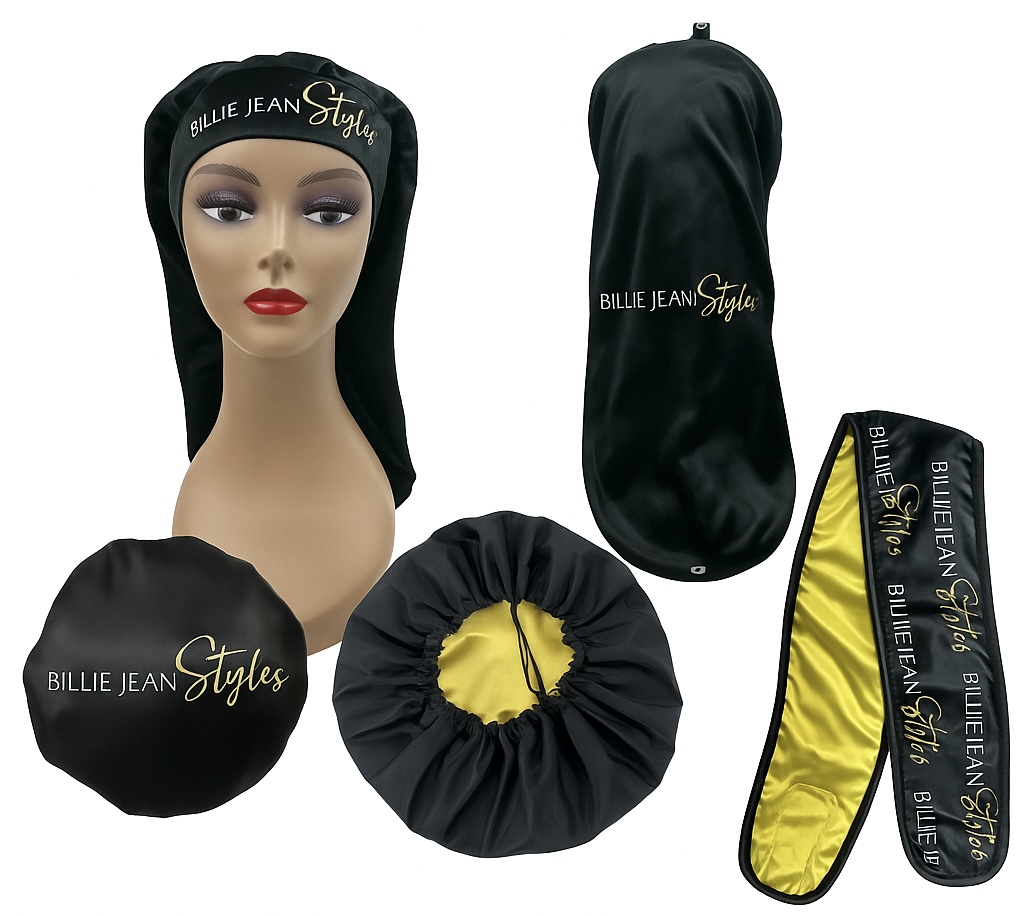 Mannequin head with black hair and makeup, hair styling accessories including a black bonnet, a black and yellow bag, and a black and yellow hair wrap.