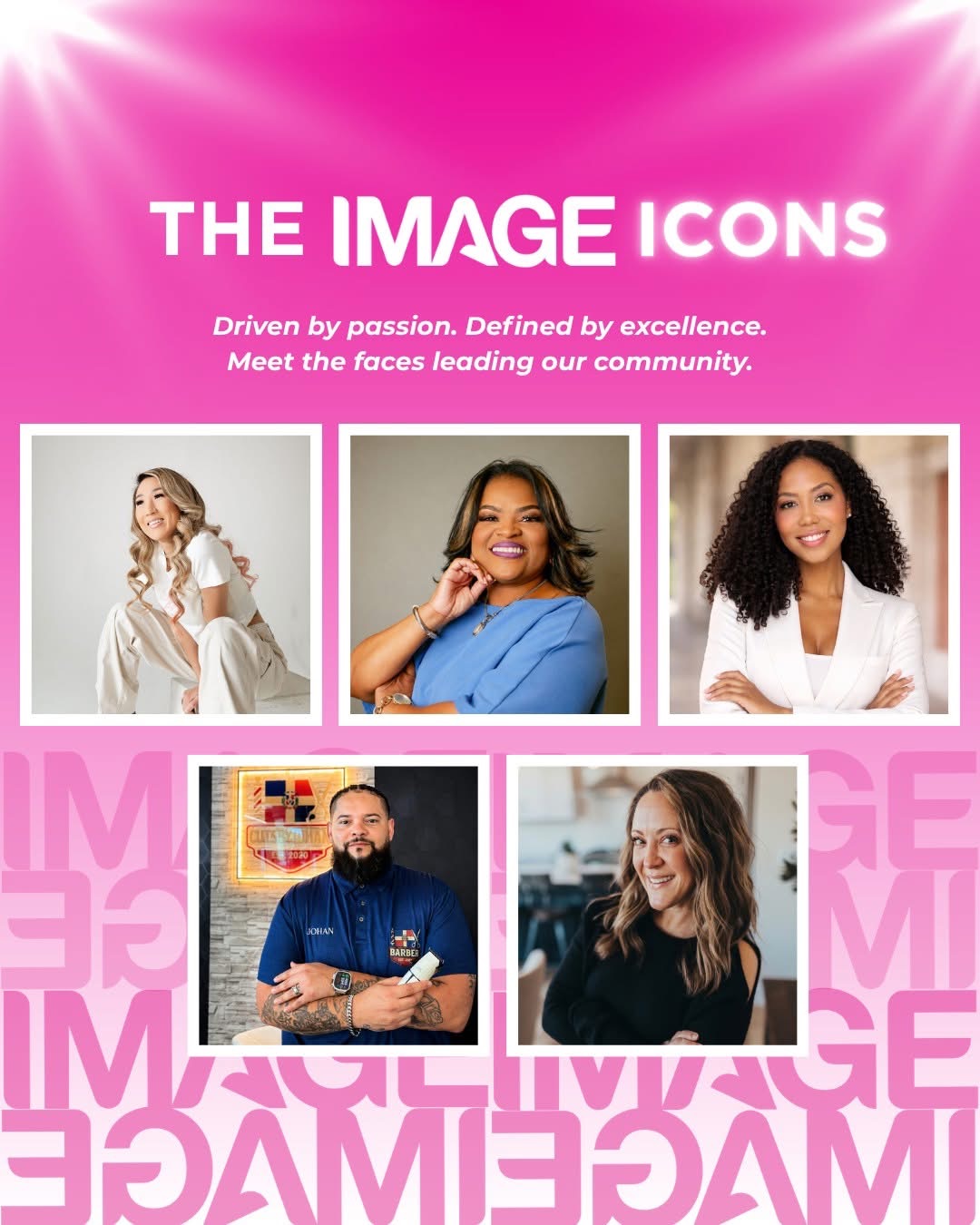 Pink background with six photos of diverse people, title 'The Image Icons,' and tagline about passion and excellence.